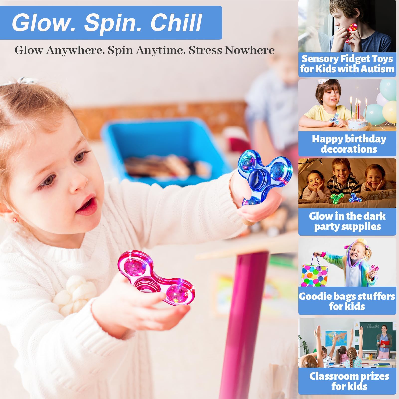 Fidget Spinner 2 Pack, Light up Sensory Fidget Toys Adults Kids 4-8-12 with Autism ADHD, Kids Easter Basket Stuffers Easter Egg Fillers Glow Anxiety Toys Stress Relief Teen Boy Gifts, Classroom Prizes