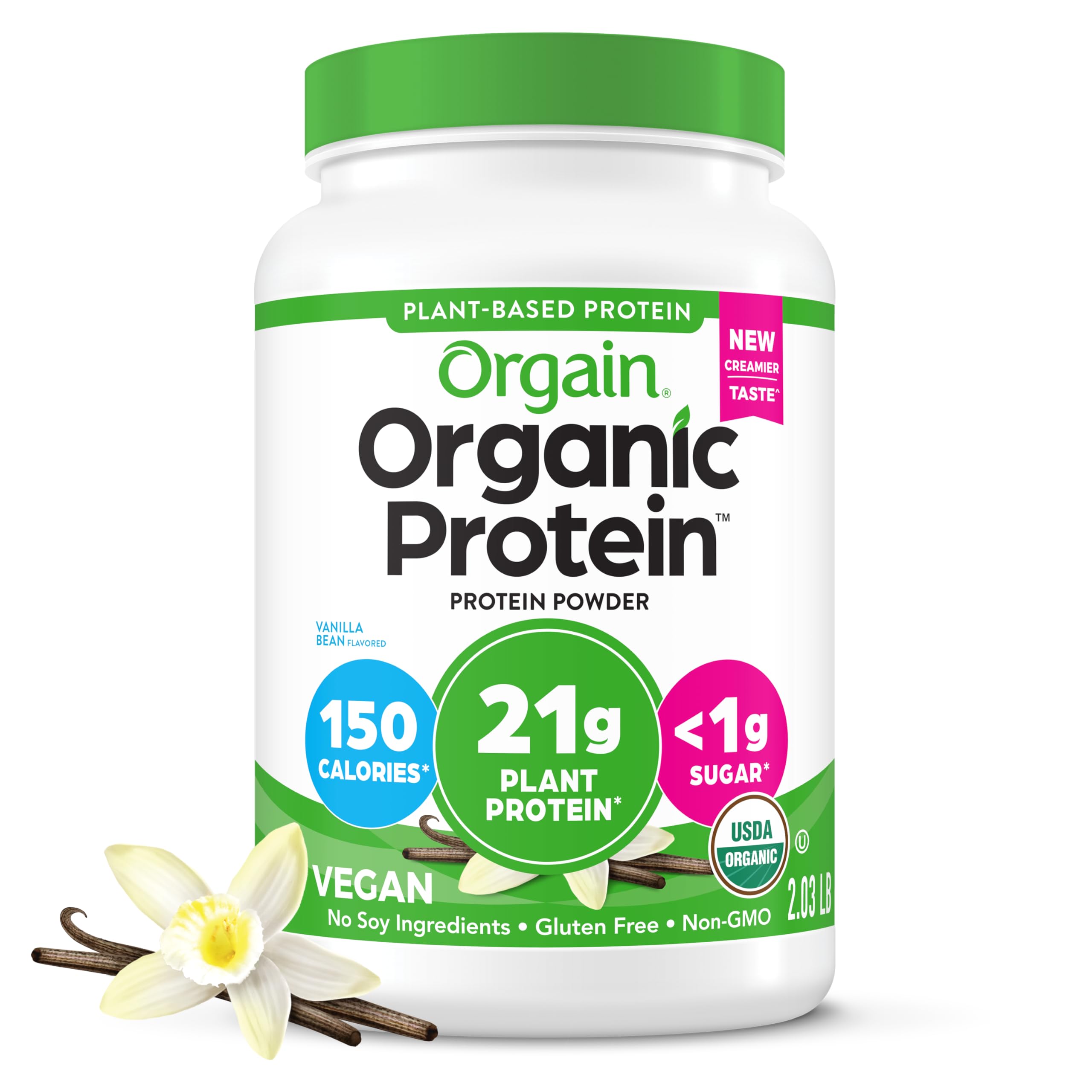 Orgain Organic Vegan Protein Powder, Vanilla Bean - 21g Plant Protein, 6g Prebiotic Fiber, No Lactose Ingredients, No Added Sugar, Non-GMO, For Shakes & Smoothies, 2.03 lb (Packaging May Vary)