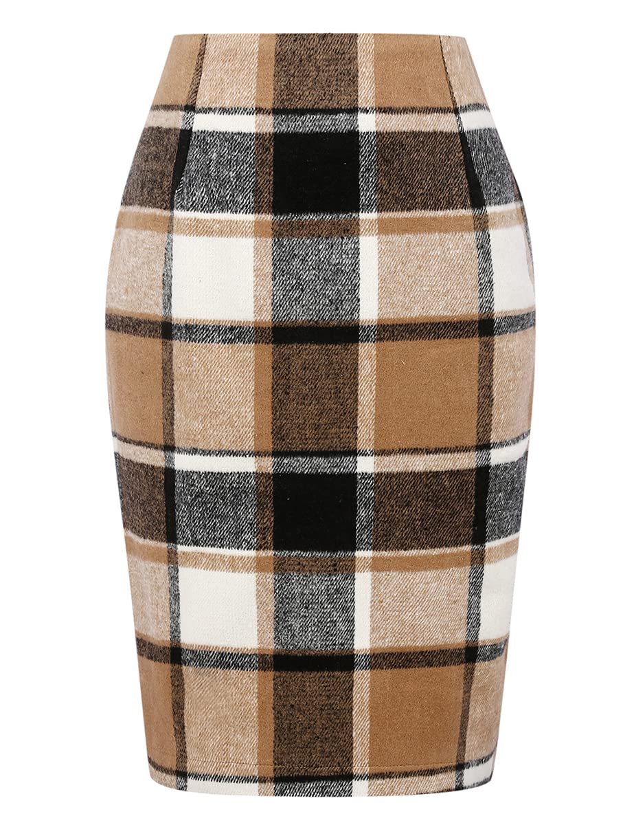 IDEALSANXUN Brown Plaid Skirts for Women Midi Length Fall Fashion 2024 Knee Length Tweed Wool Pencil Skirt with Slit Winter Clothes (Brown New, M)