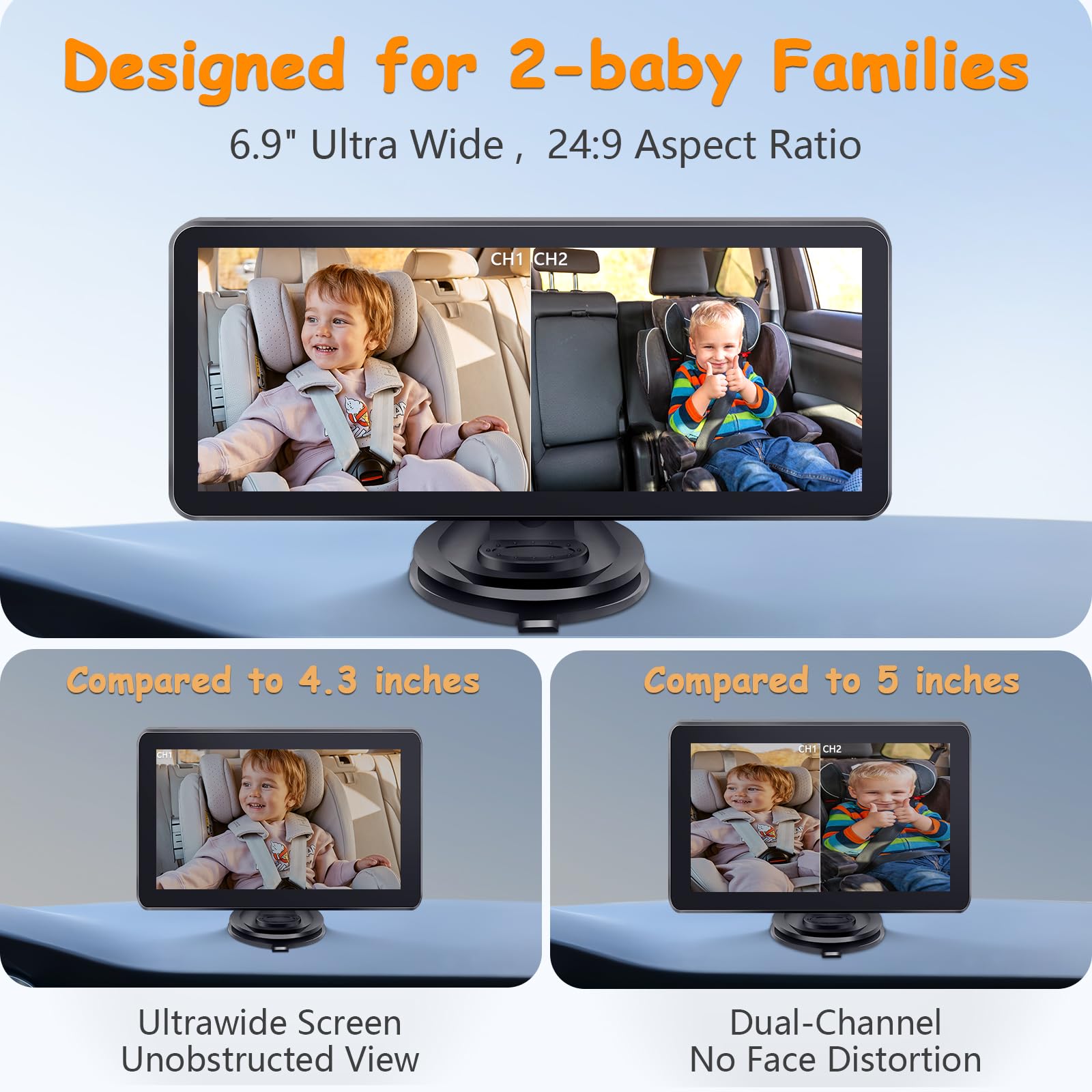 2-Kids Baby Car Camera for Seat: 6.9 Inch Ultrawide Display with Two Cameras Rear Facing - USB Powered Backseat Camera HD 1080P Easy to Install