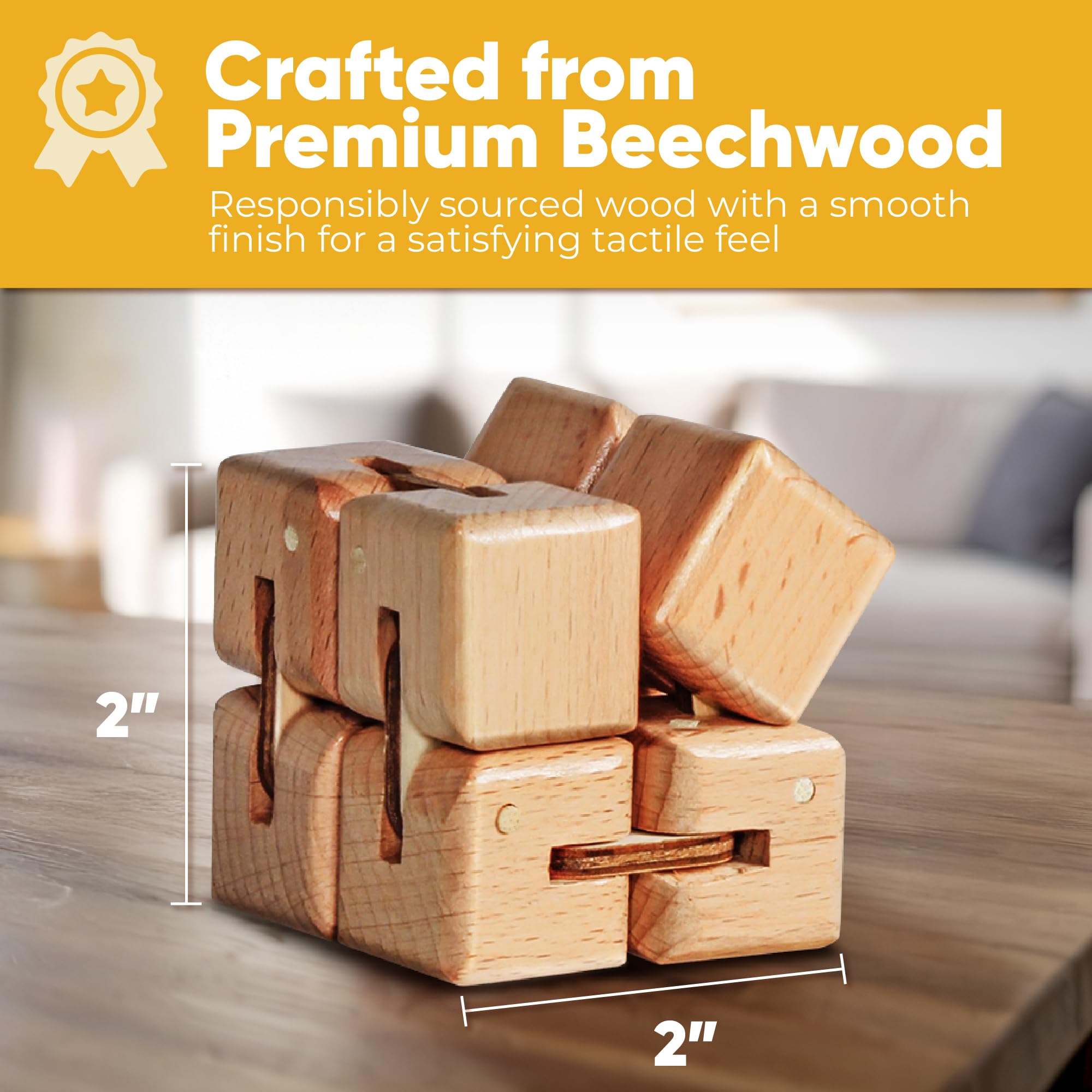 BUNMO Stocking Stuffers for Teens and Adults - Infinity Cube Fidget Toy - Teen Boy Toys - Smooth Folding Pocket Fidget, Natural Wood Sensory Cube for Desk or Travel - 1 Pack Beech Wood