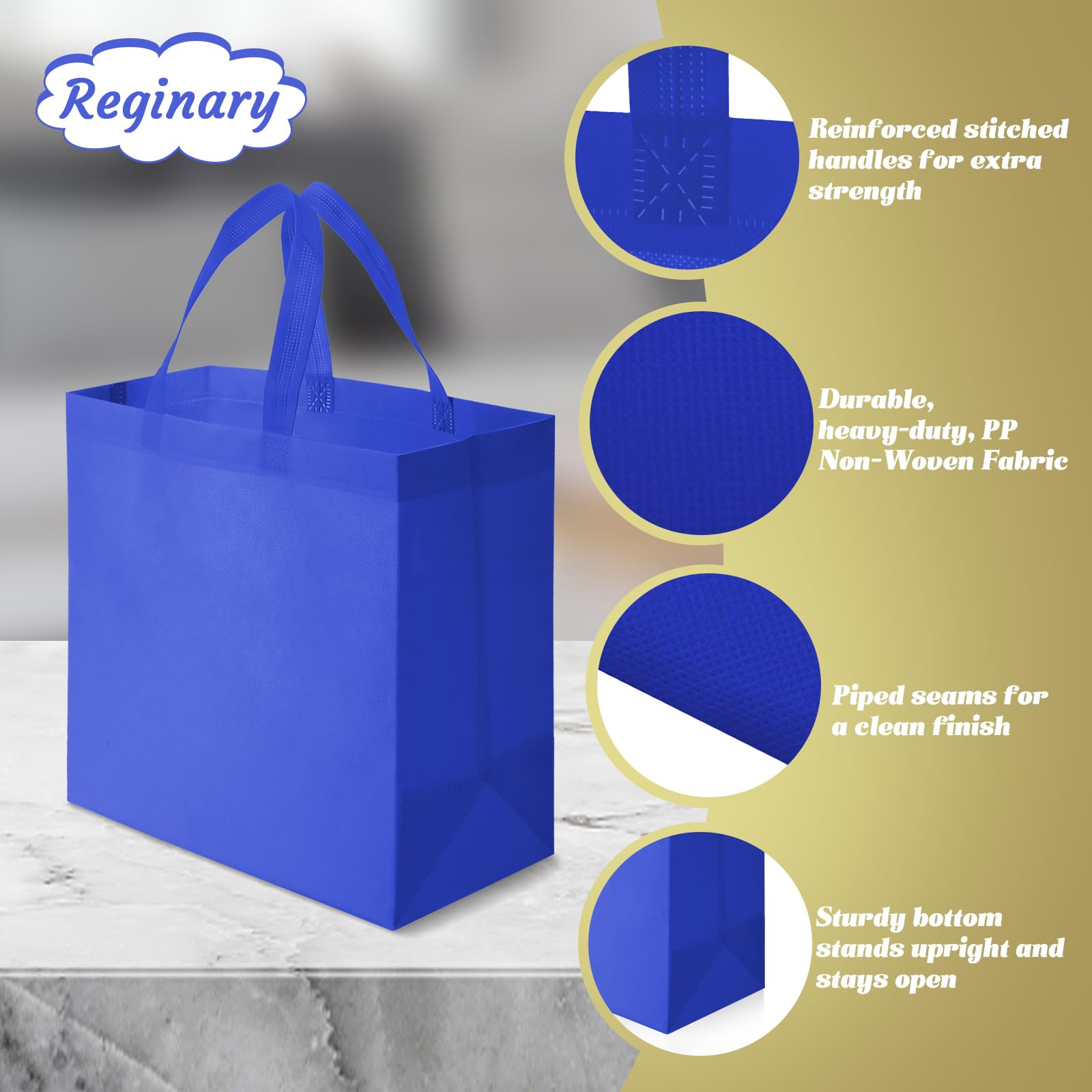 Reginary 100 PCS Reusable Totes Bag Bulk, Non Woven Grocery Handle Bag Portable Bag for Shop Events Retail Store(Blue)