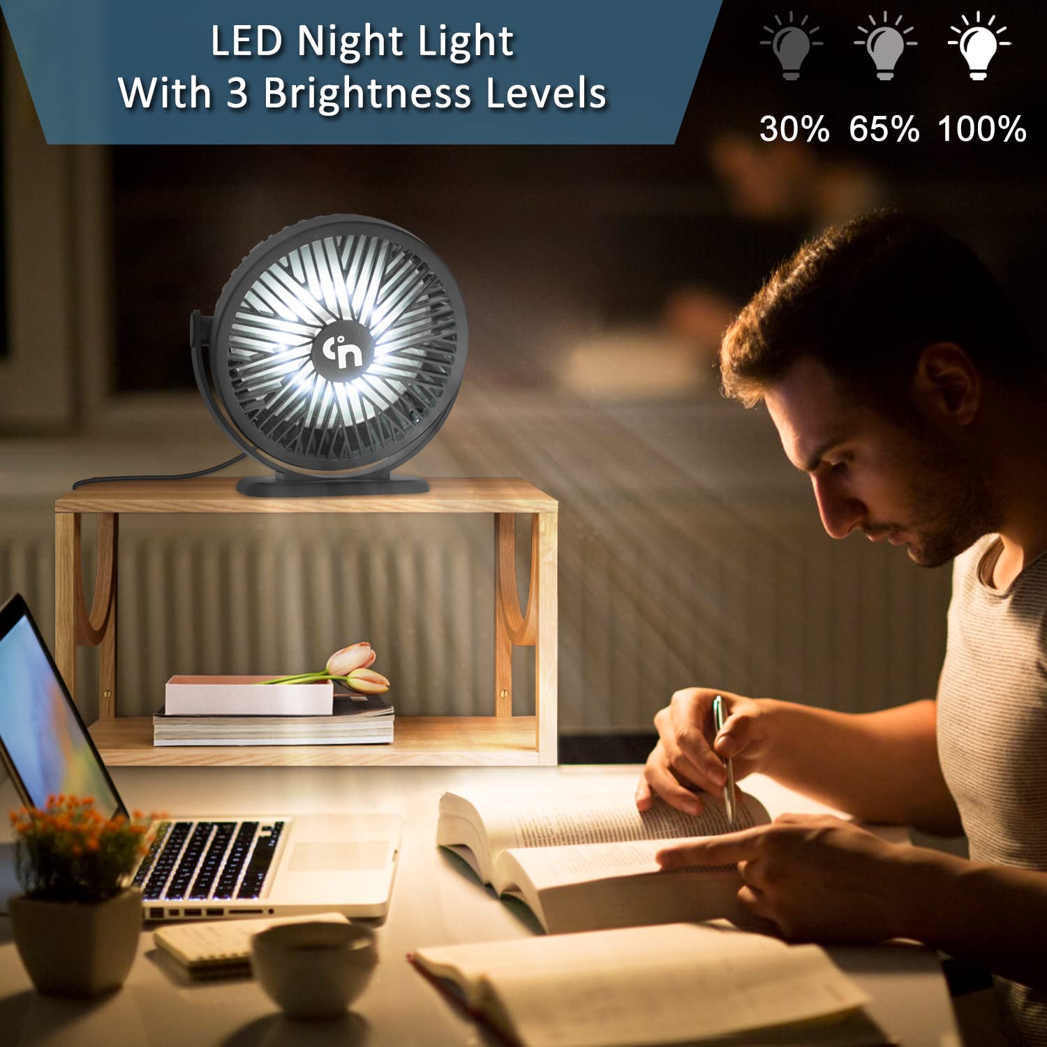 GagetElec USB Desktop Fan with LED Night Lights,360°Rotation Strong Wind Small Fan,3 Speeds Quiet Cooling Table Fan,Mini USB Desk Fan for Home Office Desktop Office Table 5.3 Inch (T5-06)