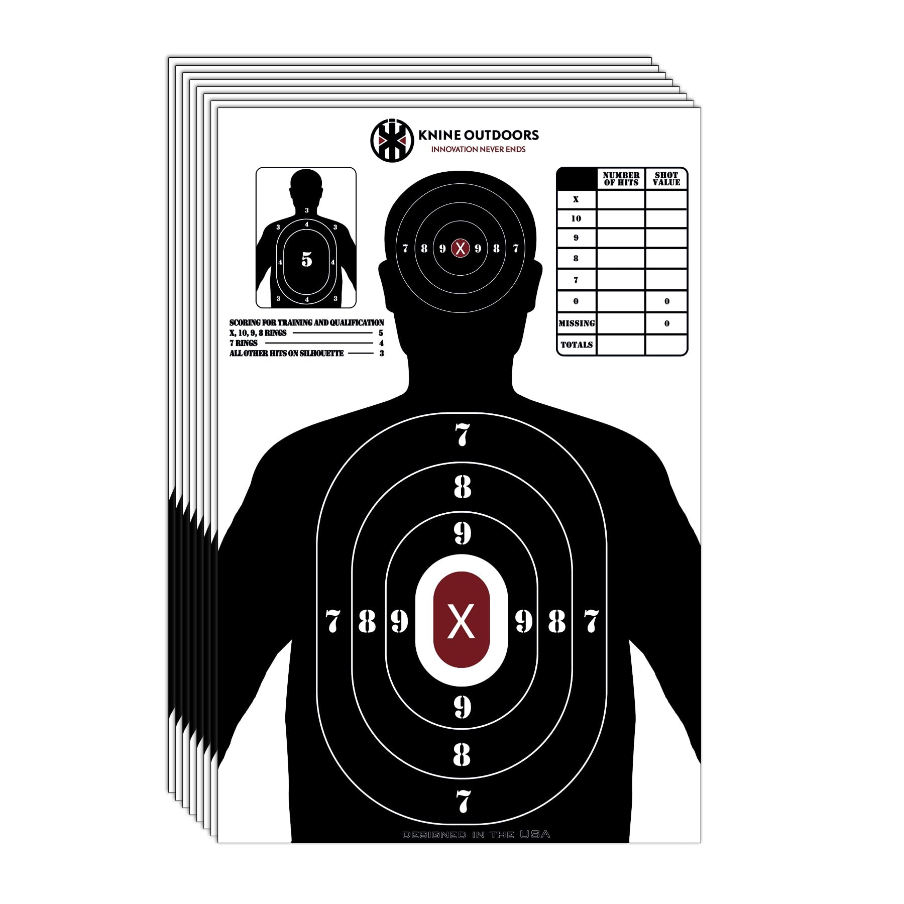 KNINE OUTDOORS Shooting Targets Paper, 23 x35 inch, Bulk for Hunting, Handguns, Pistols, Rifles, Silhouette with Red Bullseye, Black Design (10 Pack)
