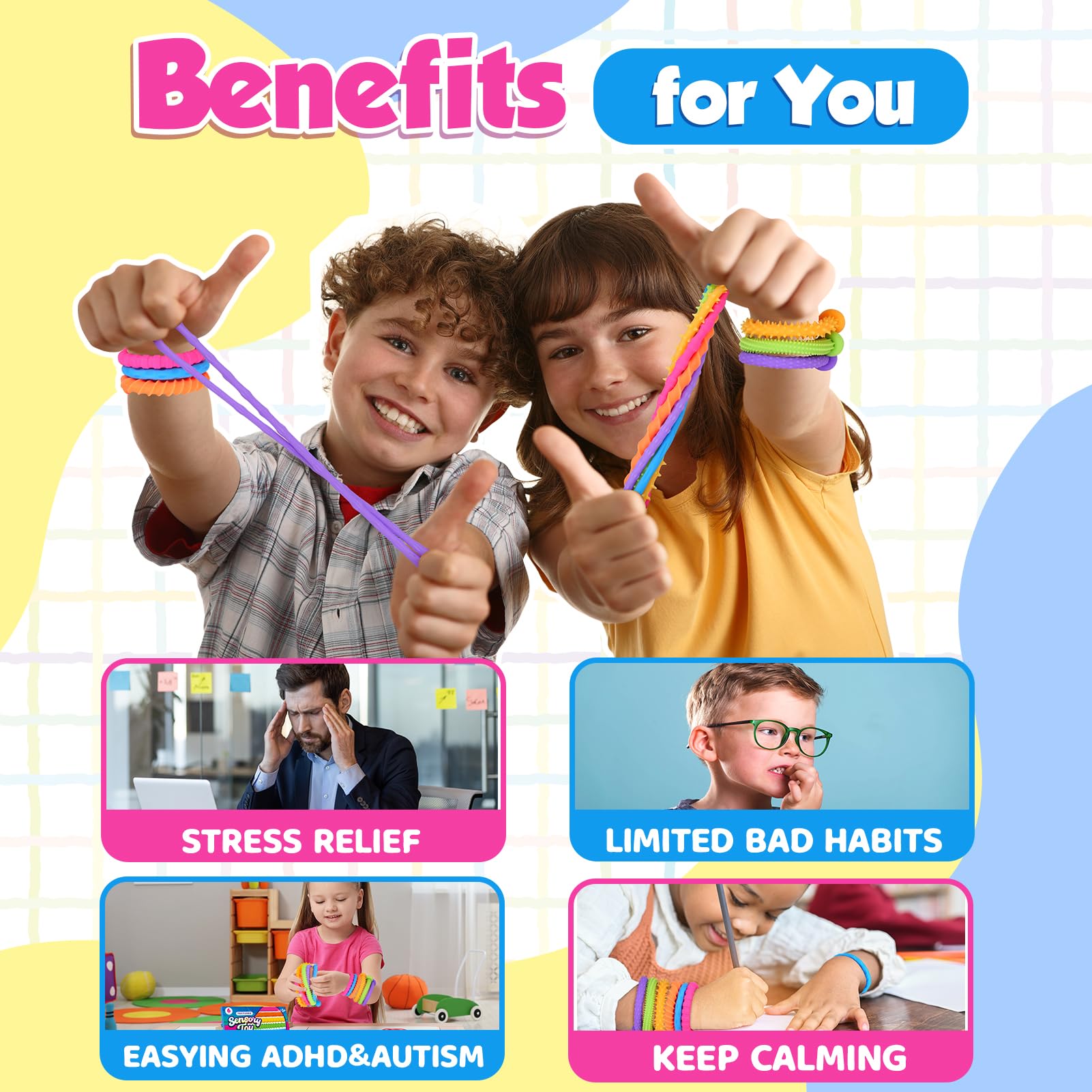 Sensory Toys Fidget Stretchy Strings: Fidget Toys Bracelet for Kids Calming - Adjustable Sensory Bracelet for Autism - Quiet Prizes Box Toys for Classroom 6 Pack