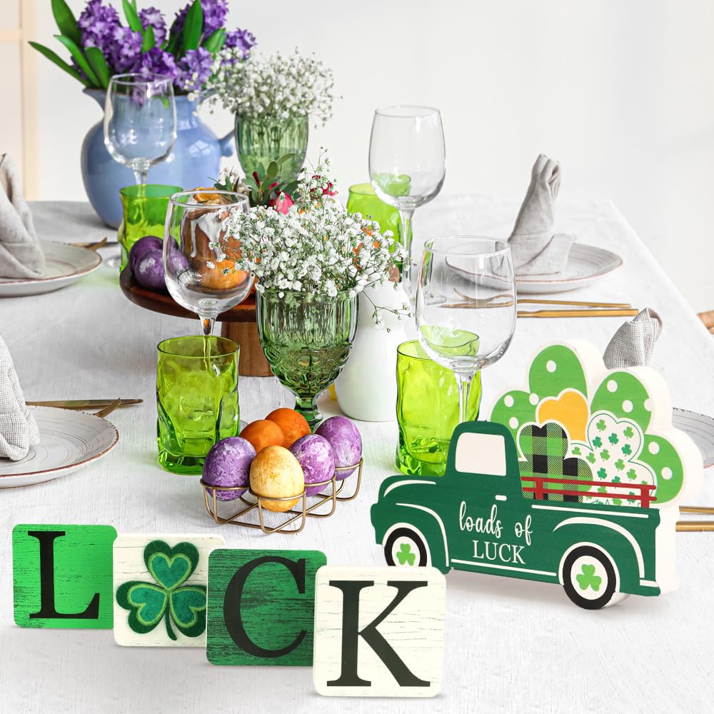 AKEROCK Valentines Day Decor/St.Patricks Day Decorations, Double Sided Wooden "LOVE" / "LUCK" Blocks & Truck Sign for Table, Desk, Mantel Decor - Valentines Day Decorations for the Home