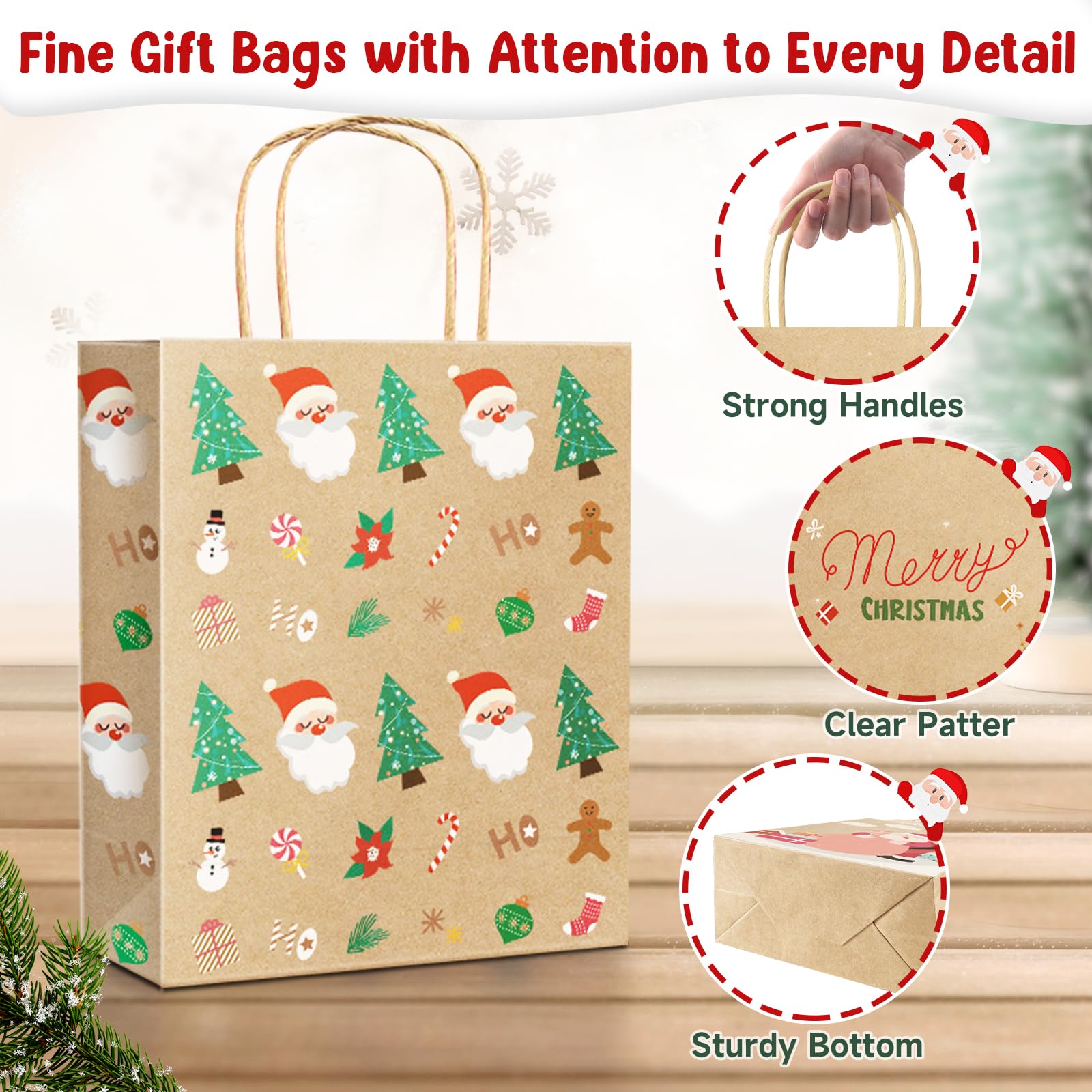 BlessedSeason 28 PCS Christmas Gift Bags with Handles, Reusable 14 Styles Kraft Gift Bags, Christmas Bags for Gifts with Christmas Prints for Holiday Paper Gift Bags (6 Large,10 Medium,12 Small)