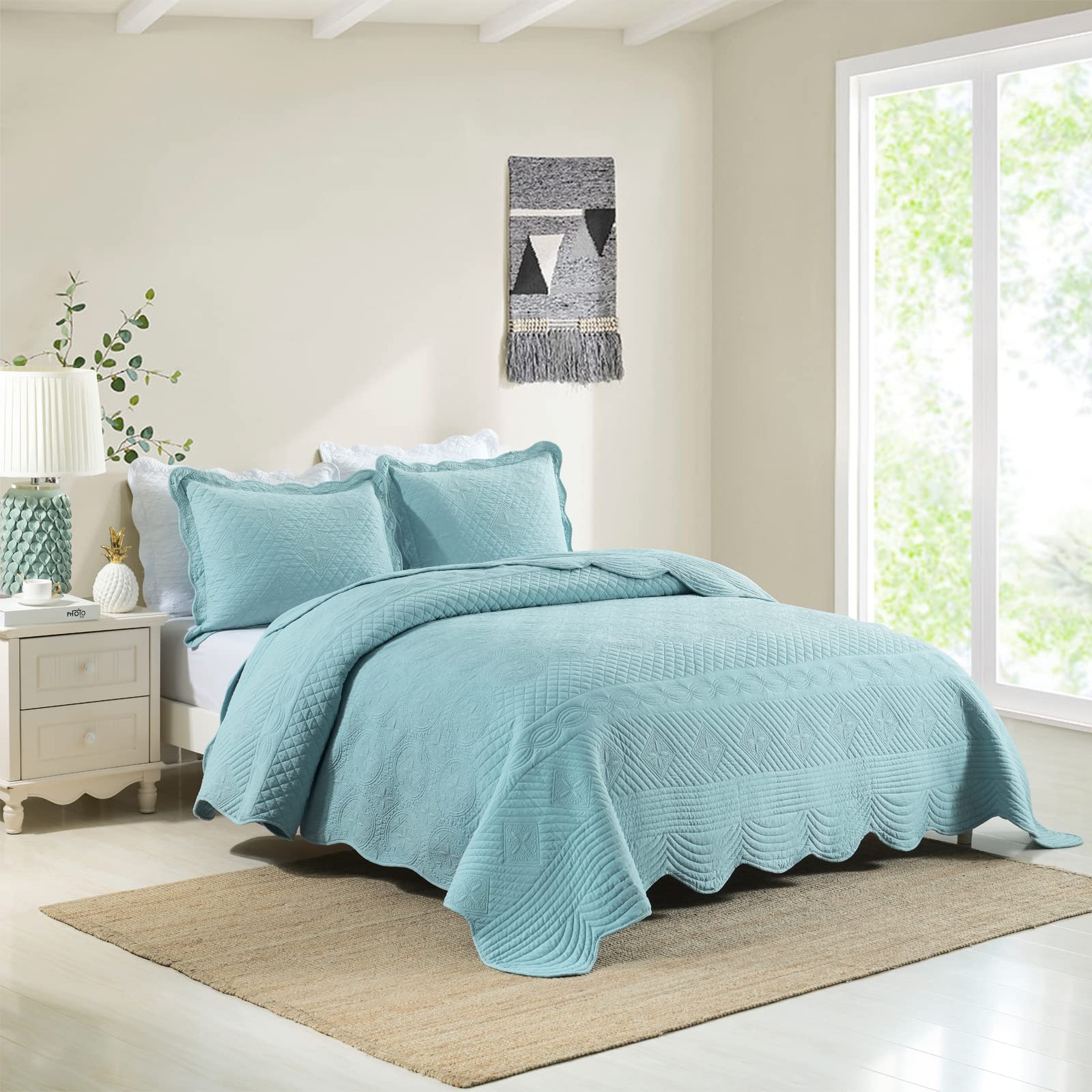 mixinni King Size Quilted Bedspread Blue All Season Soft Lightweight Quilt King Bedspread Coverlet Set, Perfect for Him and Her (3pcs, King Size)