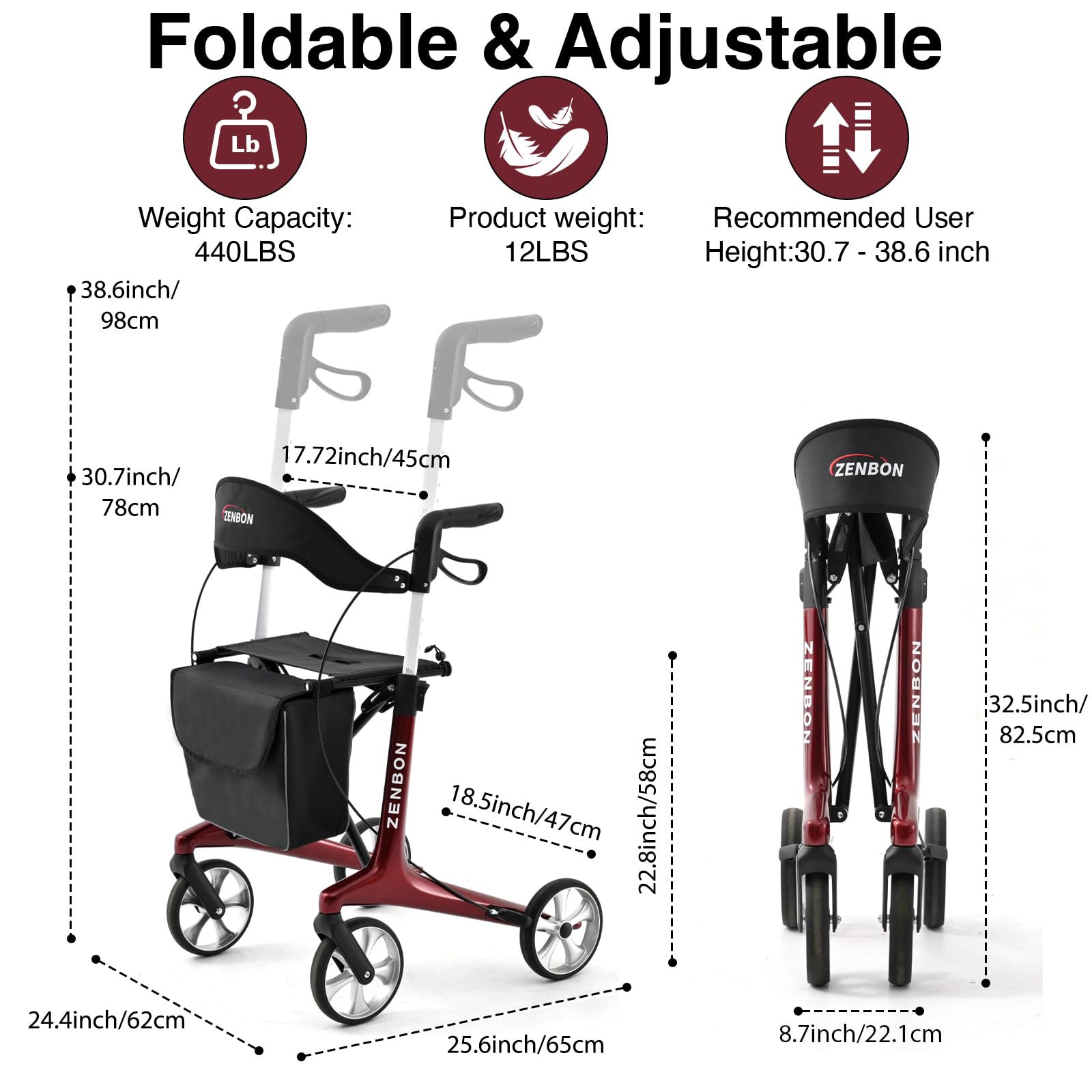 Rollator Walker for Seniors/Adults Foldable Rolling Walker with Seat 440 lbs Capacity 4 Big 7.9 inch Wheels Hand Grips Adjustable Height Lightweight Carbon Fiber Walker Removable Back Support