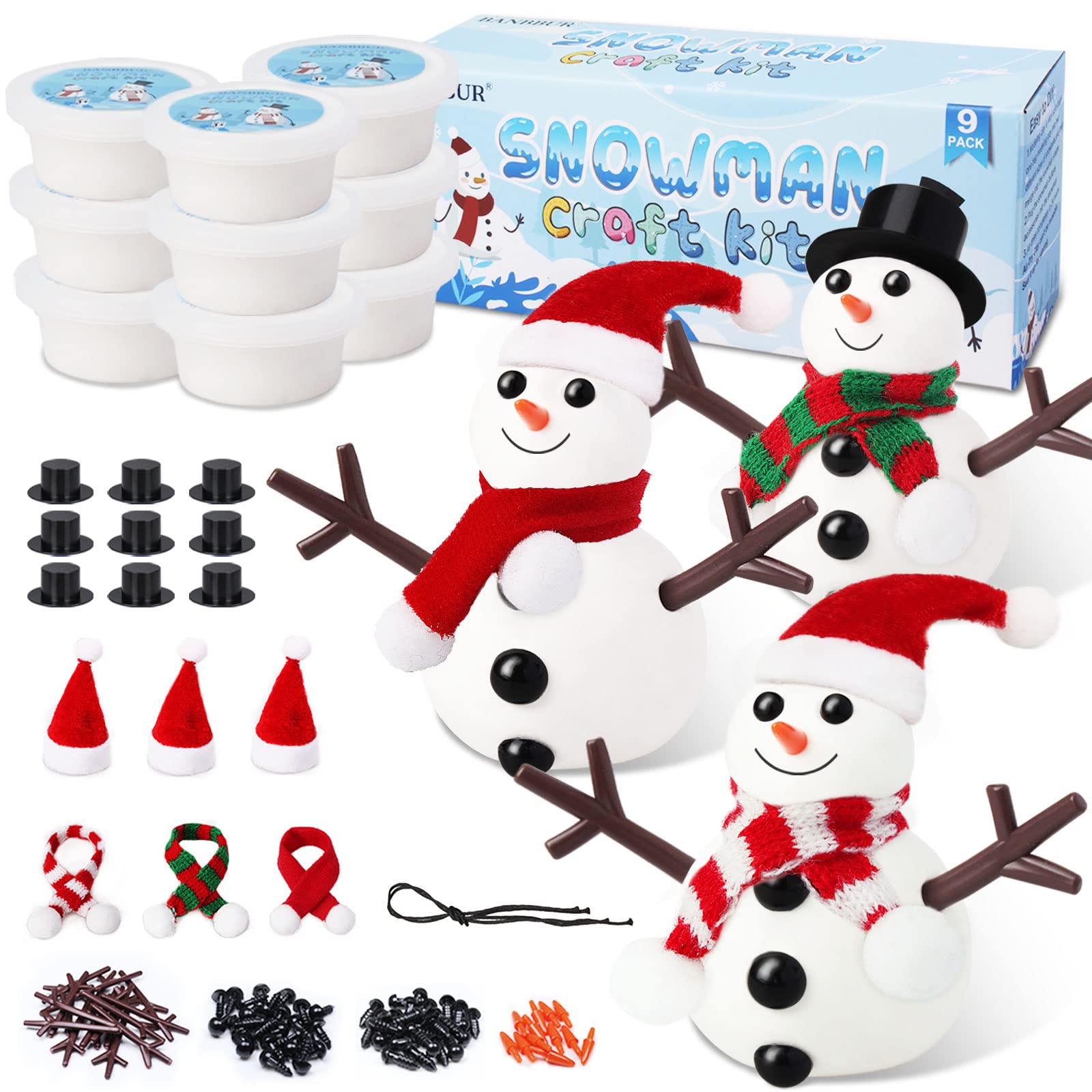 BANBBUR 9 Pack Build a Snowman Kit Snowman Crafts for Kids,Modeling Clay Snowman DIY Kit, Christmas Stocking Stuffers for Kids,Christmas Crafts Xmas Gift