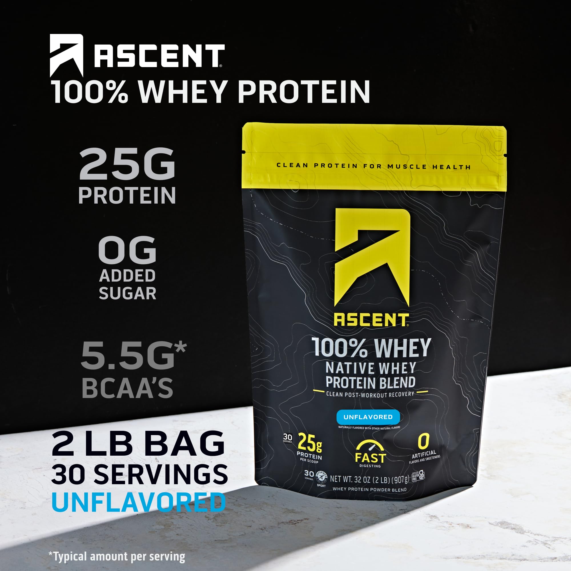 Ascent 100% Whey Protein Powder - Post Workout Whey Protein Isolate, Zero Artificial Flavors & Sweeteners, Gluten Free, 5.5g BCAA, 2.6g Leucine, Essential Amino Acids, Unflavored 2 lb