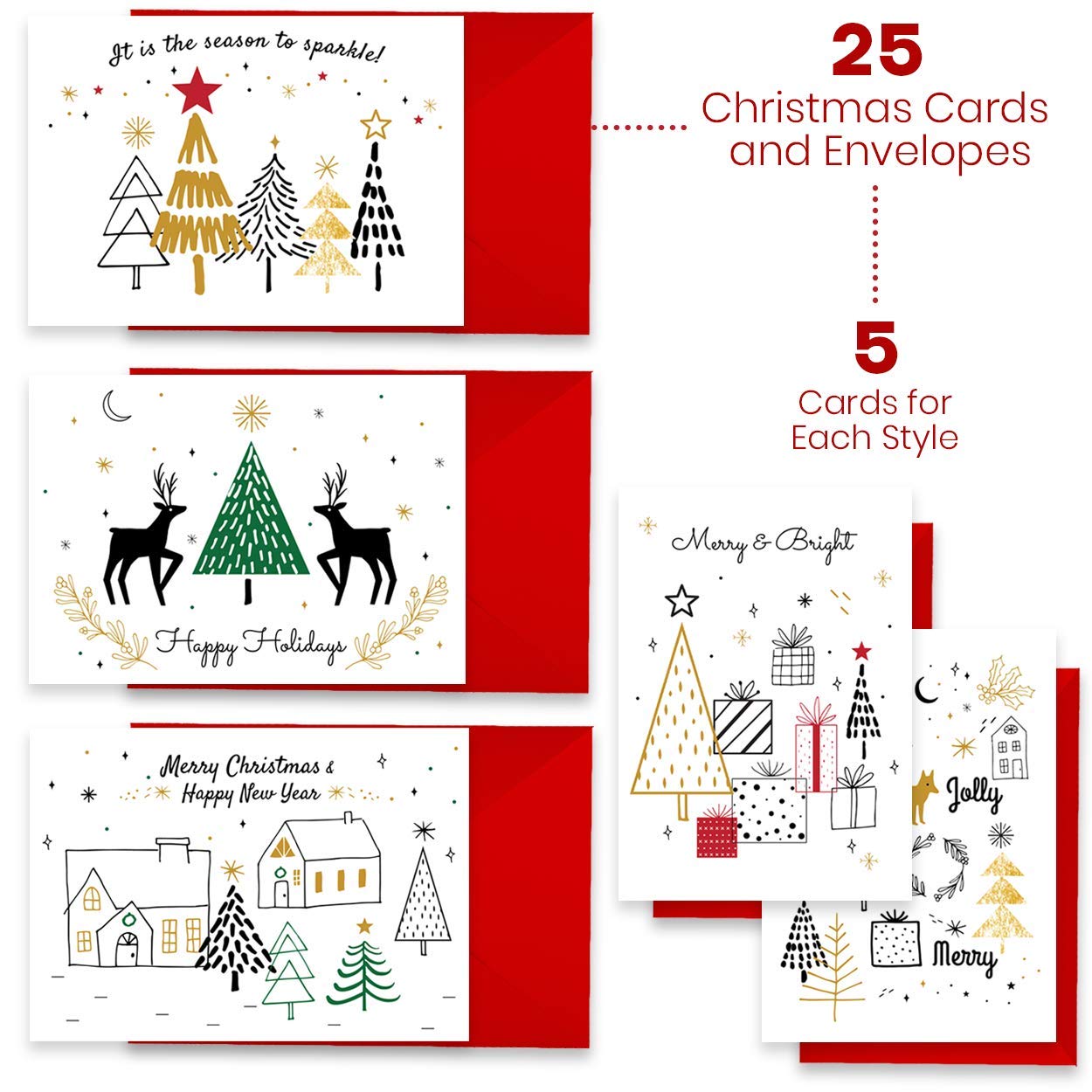 MPFY- Christmas Cards with Envelopes, Gold Foil, Pack of 25, 5 Unique Designs, Happy Holidays Card, Assorted Christmas Cards, Box Christmas Cards, Christmas Card Pack, Box of Christmas Cards