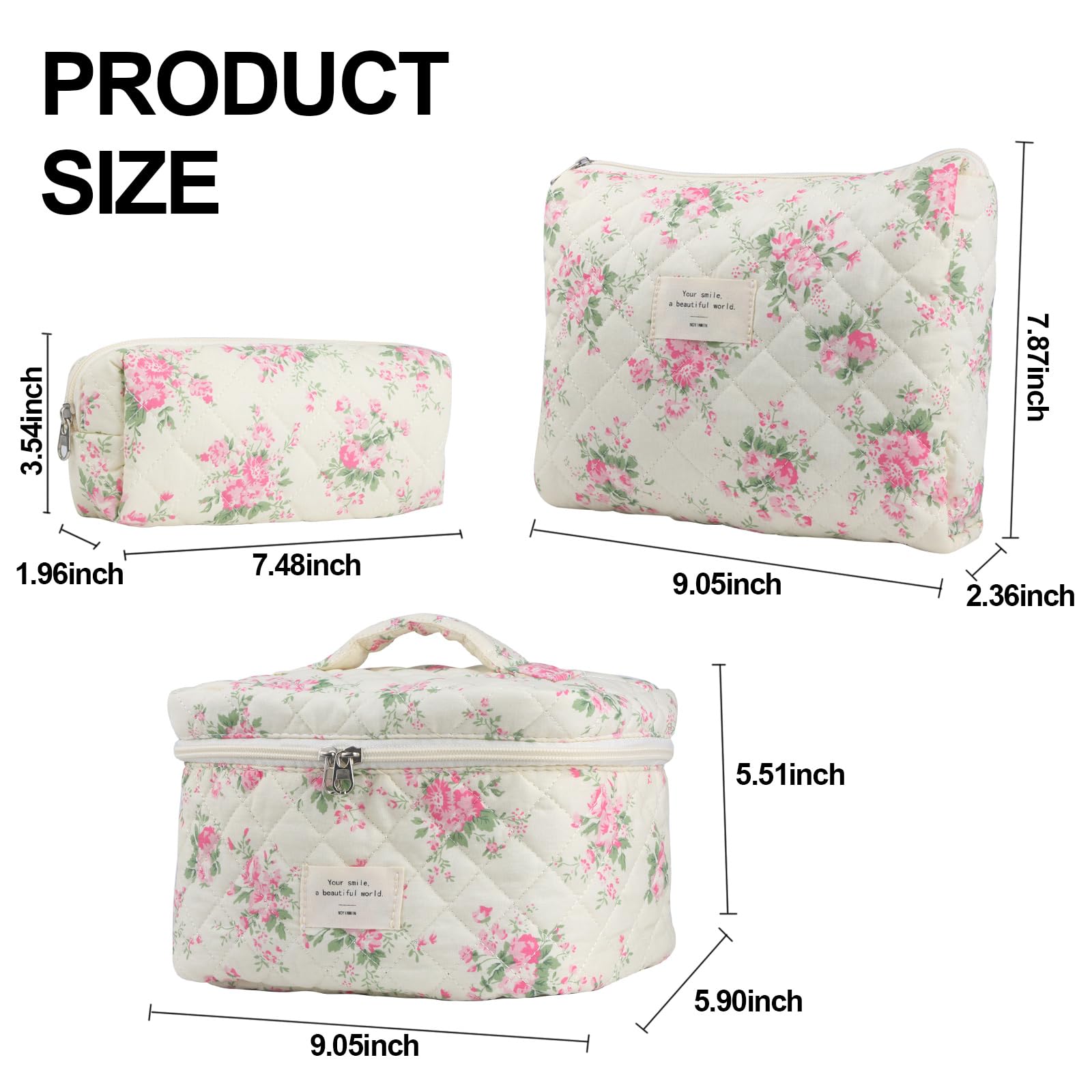 NOYINMIN Cute Makeup Bag for Women(3 Pcs), Quilted Floral Coquette Aesthetic Make up Bags, Travel Cosmetic Bags Toiletry Organizer Bag(Pink Flower)