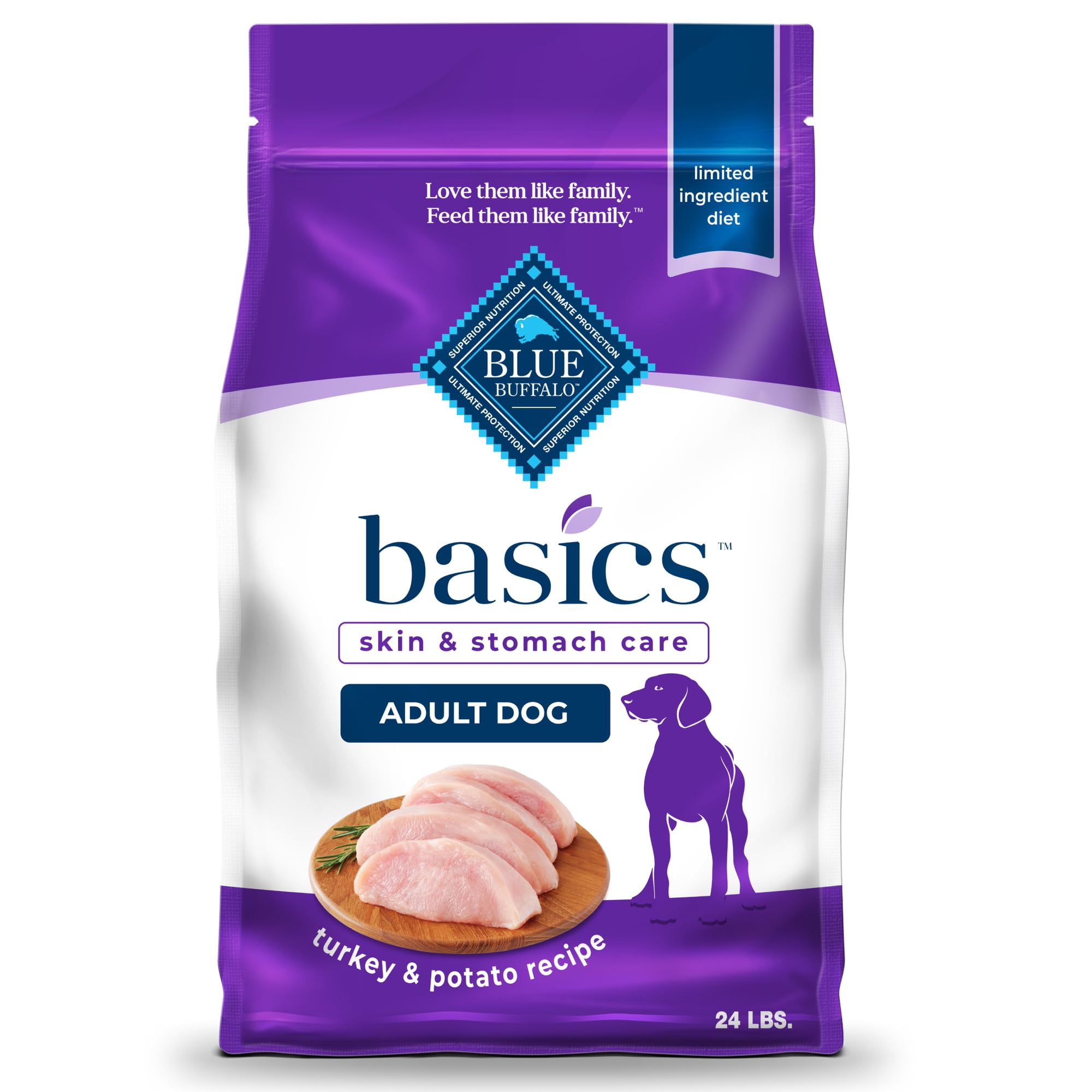 Blue Buffalo Basics Adult Dry Dog Food, Skin & Stomach Care, Limited Ingredient Diet for Dogs, Turkey Recipe, 24-lb. Bag