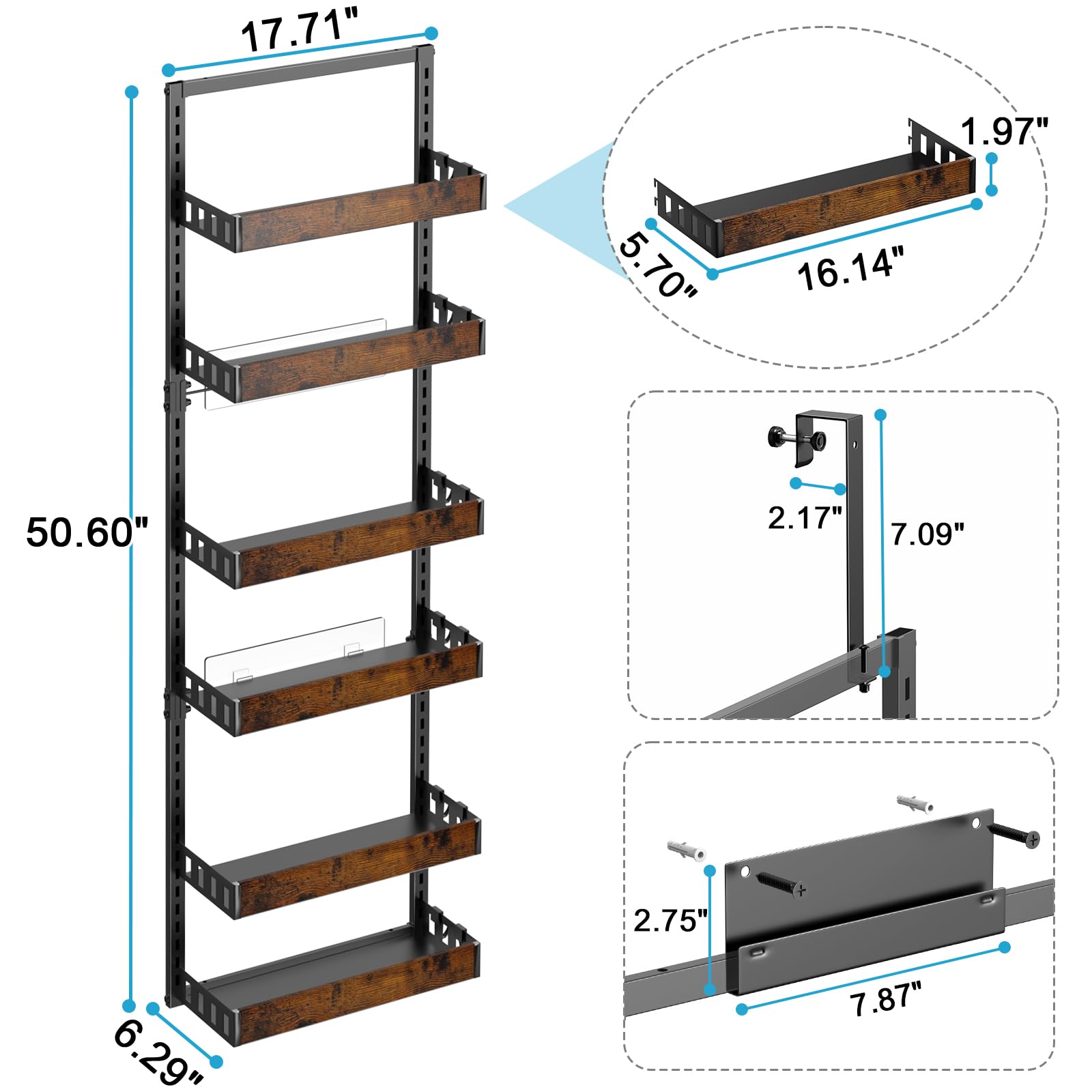 bukfen Over the Door Pantry Organizer, 6-Tier Adjustable Wooden Basket Kitchen Pantry Door Organization and Storage, Heavy-Duty Metal Hanging Kitchen Spice Rack,D6.3 x W17.71 x H50.60 inch,1 Pack