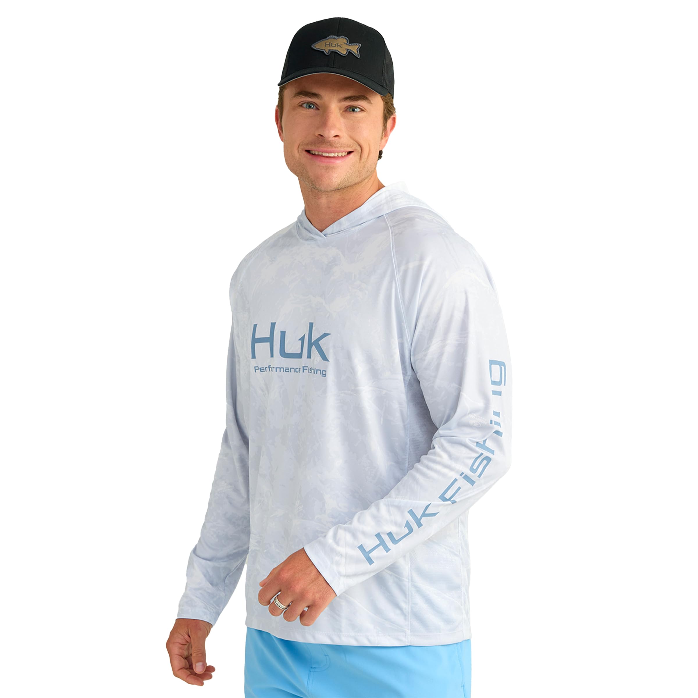 HUK Men's Standard Pursuit Pattern Hoodie, Sun Protecting Fishing Shirt with Hood, Mossy Oak-Stormwater Bonefish