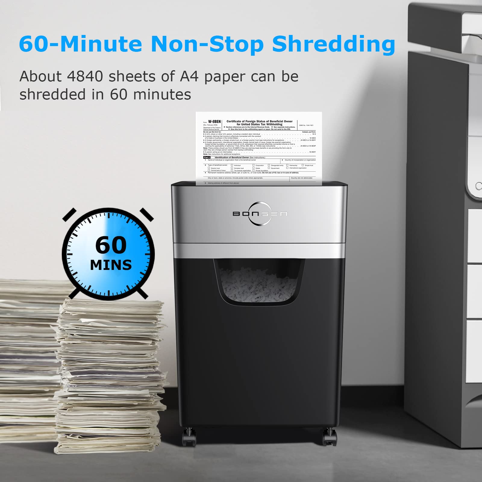 BONSEN 16-Sheet Heavy Duty Paper Shredder for Office, 60-Minute Running Time Cross-Cut CD Shredder with 60dB Low-Noise, 5.3-Gallon Pull Out Bin, Anti-Jam & Quiet Shredder for Home Office (S3102)