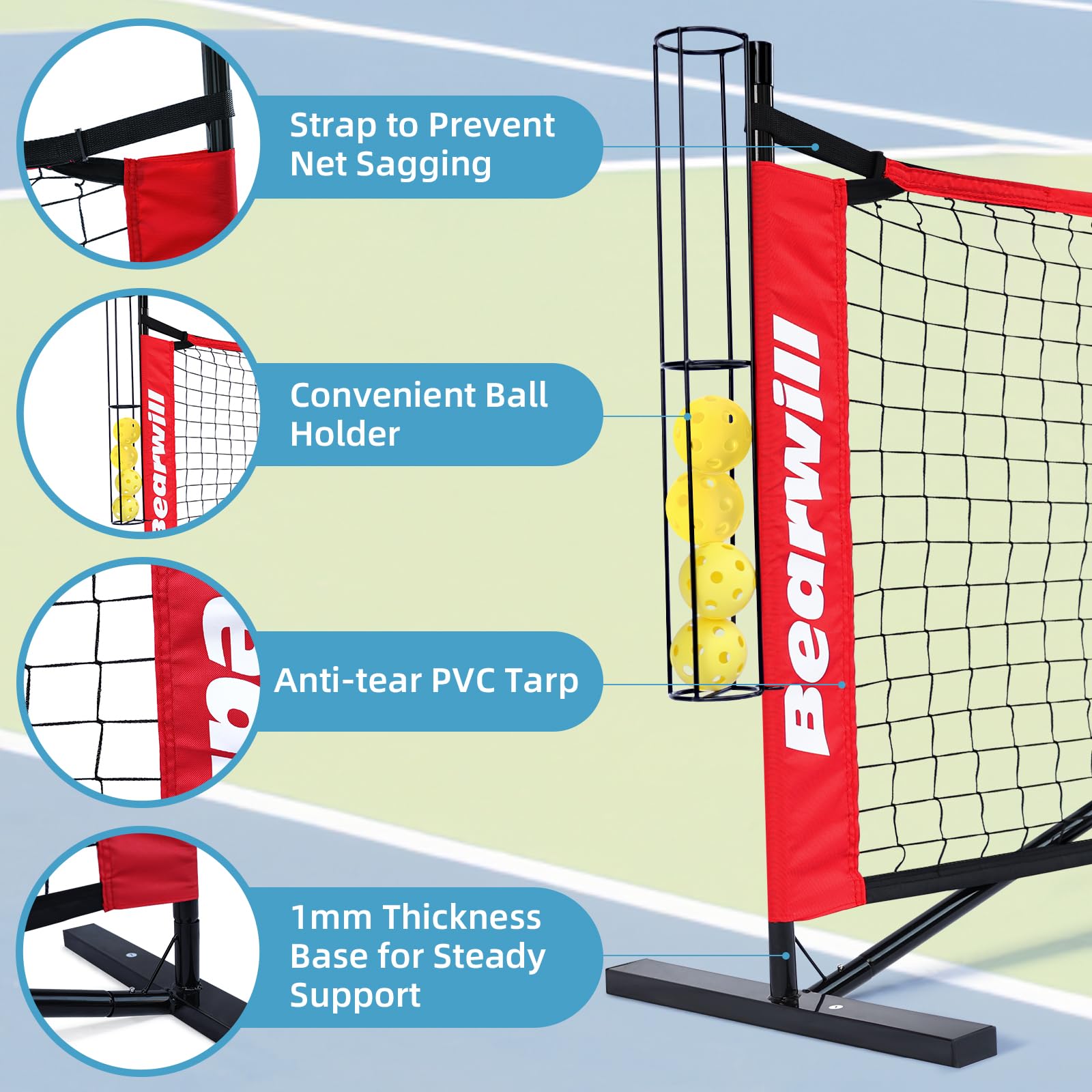 Bearwill Pickleball Net, 22 FT Regulation Size Portable Pickleball Net, Pickle Ball Net with Exclusive Ball Holder, Court Marker, 4 Pickleballs & Carry Bag, Pickle Ball Net for Outdoor Indoor Driveway