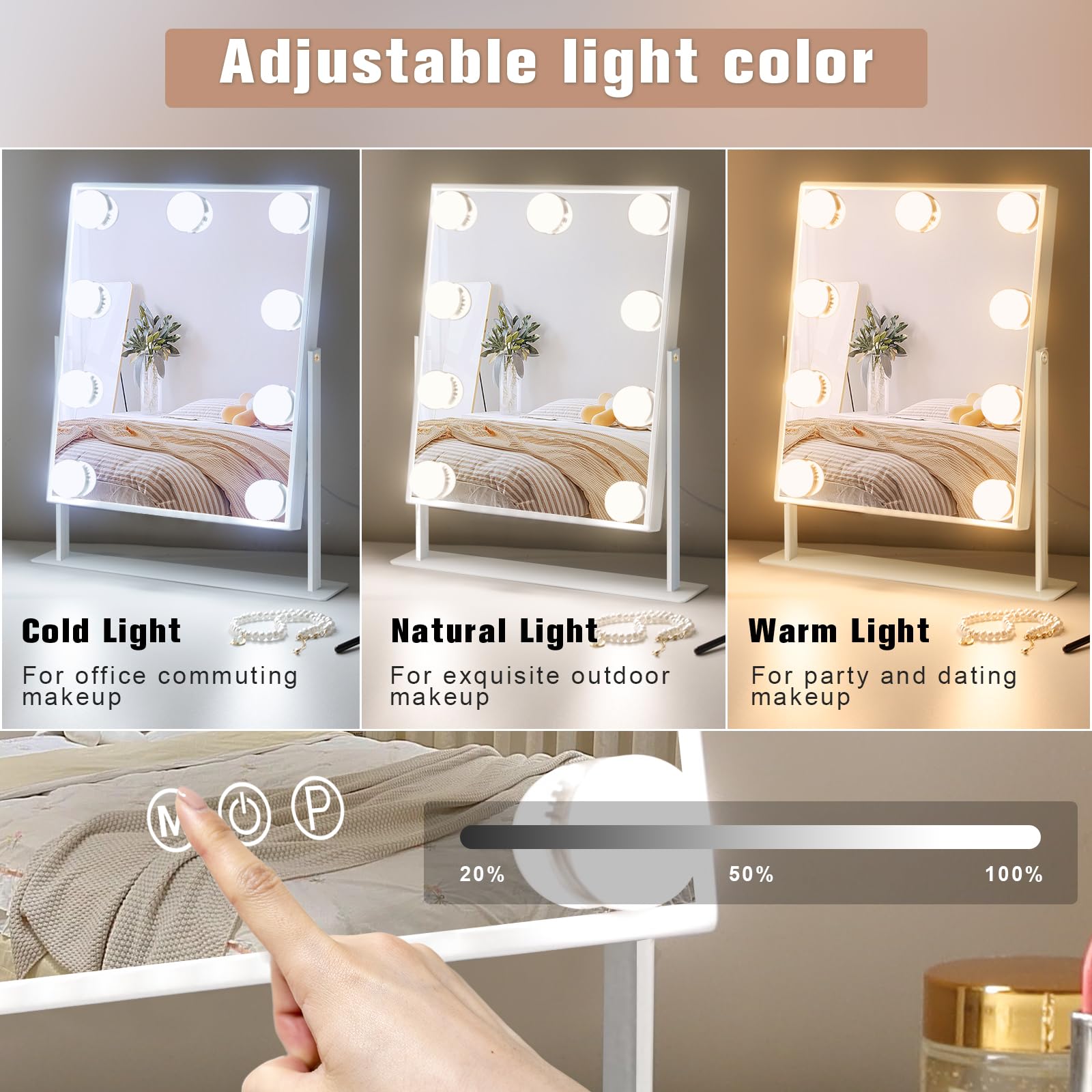 Leishe Vanity Mirror with Lights Hollywood Lighted Makeup Mirror with 9 Dimmable Bulbs & 3 Color Lighting Modes, Detachable 10X Magnification Mirror and 360 Degree Rotation(White)