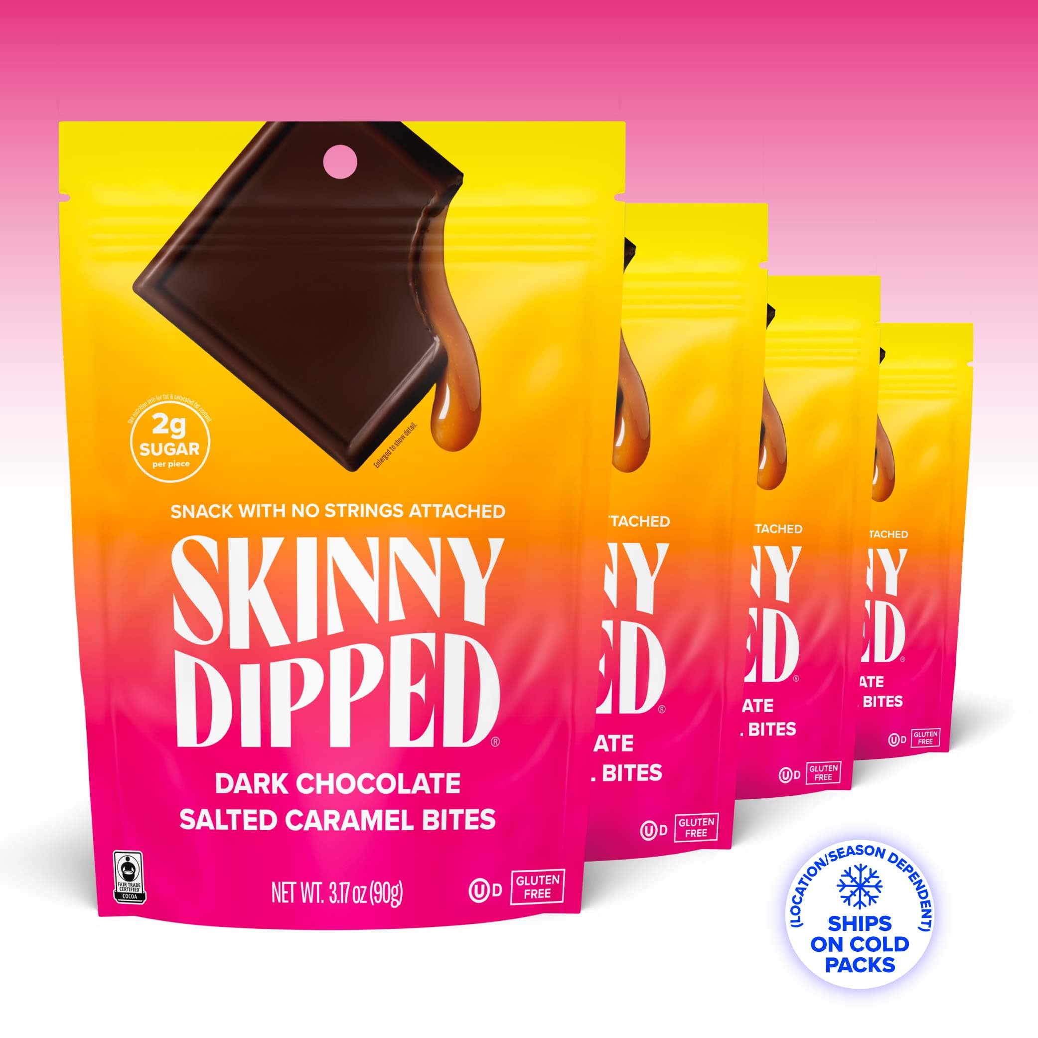 SkinnyDipped Dark Chocolate Salted Caramel Bites, 2g Sugar per Piece, Keto Friendly, No Palm Oil, Gluten Free, 4 Pack