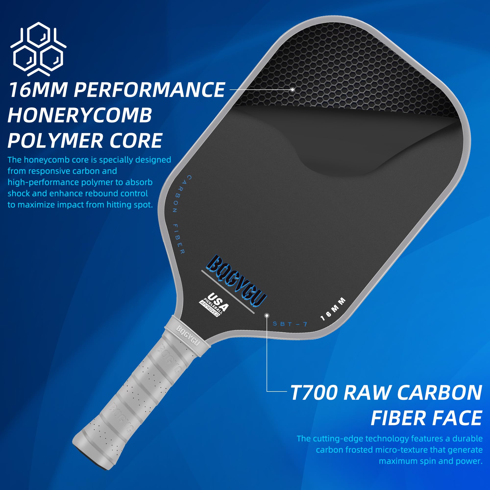 BQGVGU Pickleball Paddles, Carbon Fiber Raw Toray T700 with 16 mm Polypropylene Honeycomb Core,Perfect for Control&Spin, USAPA Approved