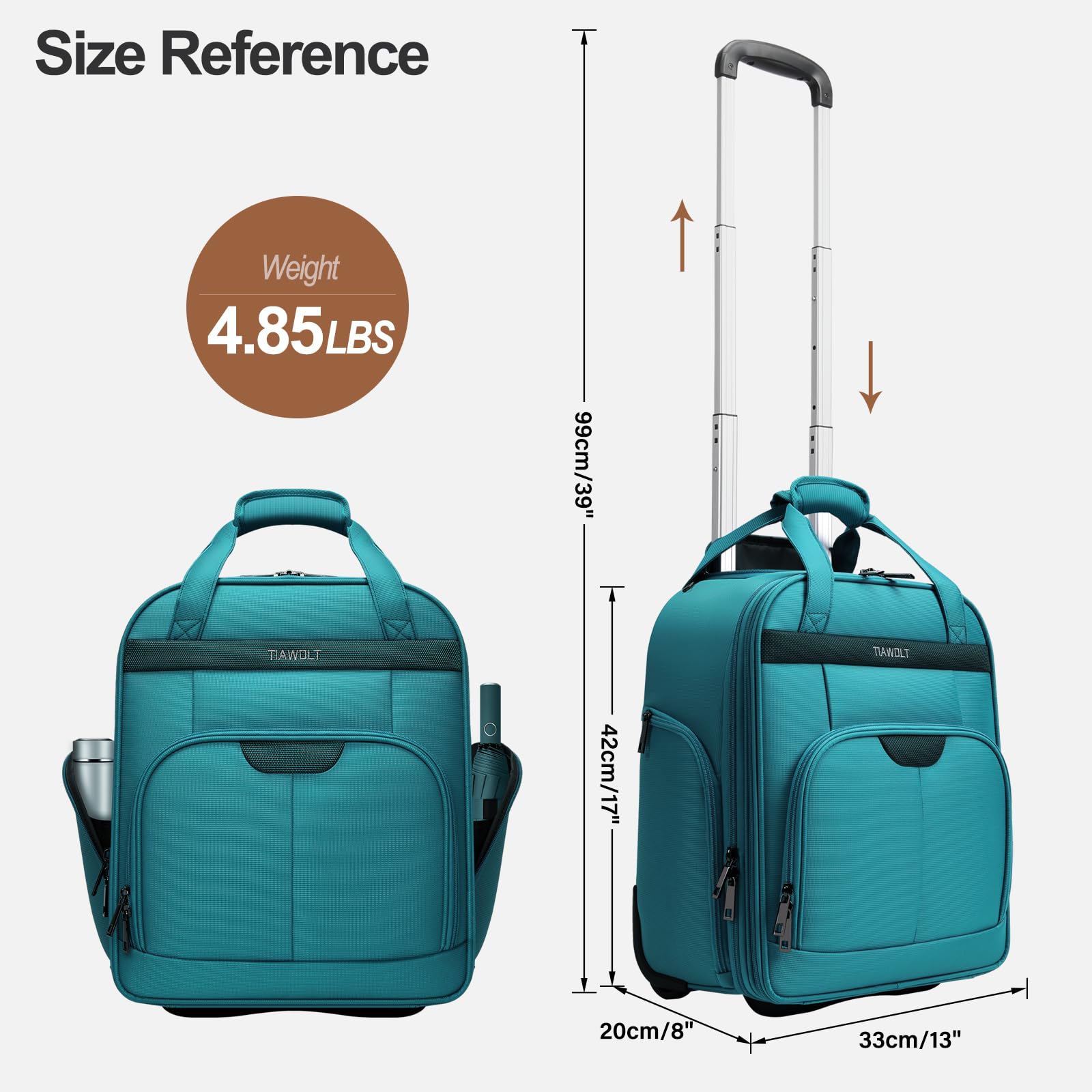 TIAWOLT Personal Item 16-Inch Underseat Carry on Luggage With Wheels Lightweight Wheeled Underseater under seat bags for airplanes Upright 2 Wheel Teal Green