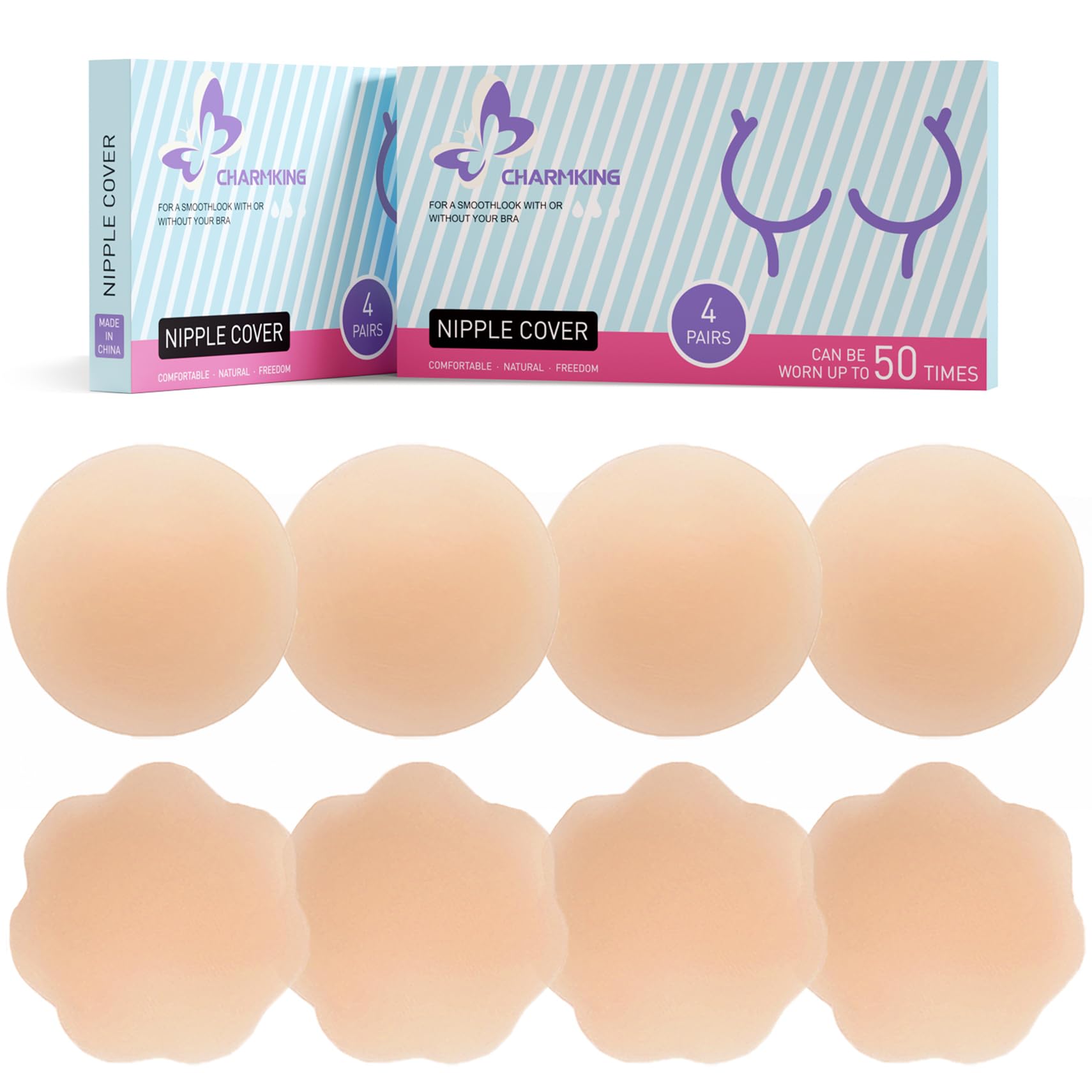 CHARMKING Nipple Covers 4 Pairs for Women, Reusable Adhesive Nipple Coverings, Invisible Pasties Silicone Cover Beige