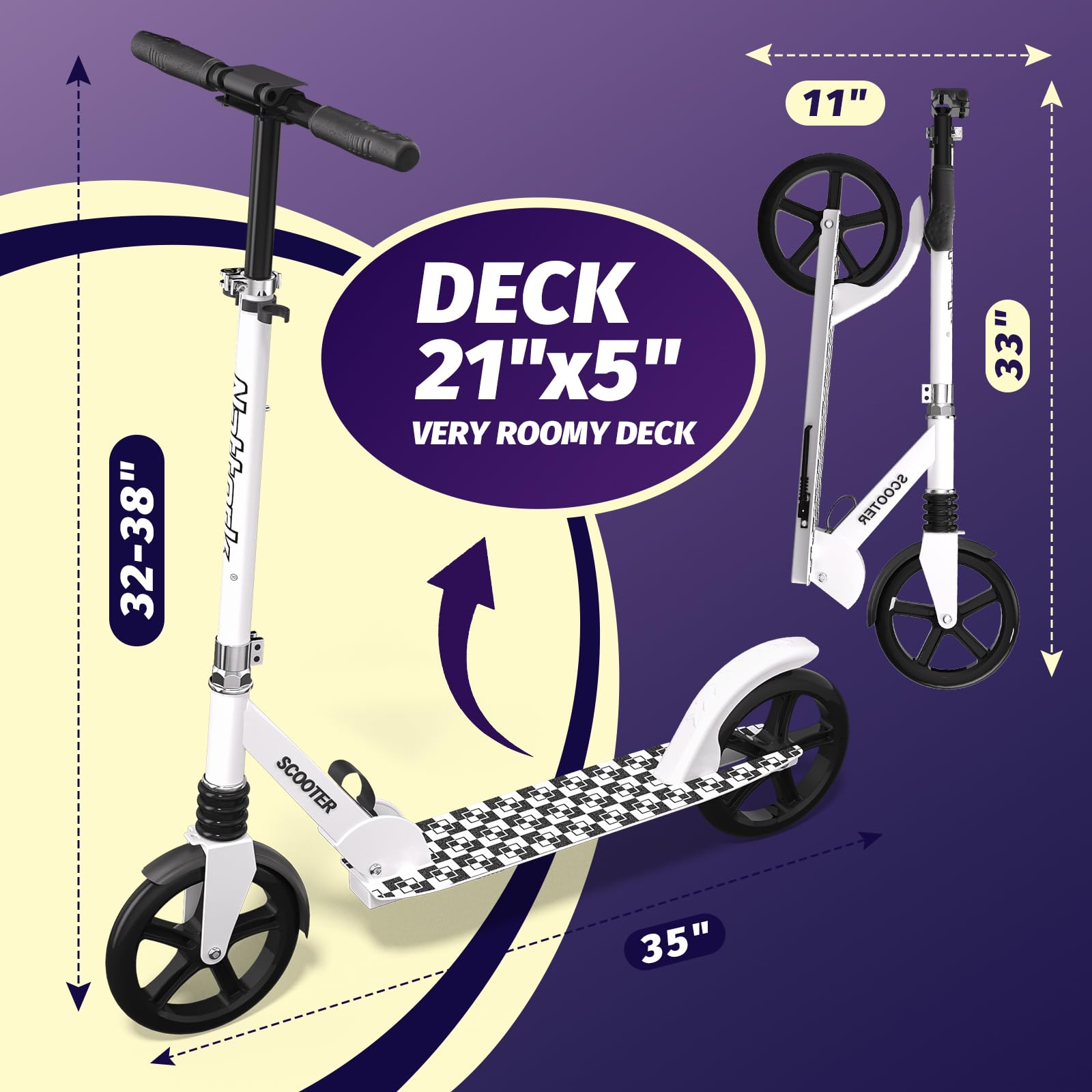 Nattork Kick Scooter for Teens Adults, Max Load 240 LBS, Adjustable Height Foldable with 8" Large Wheels, Anti-Shock Suspension White
