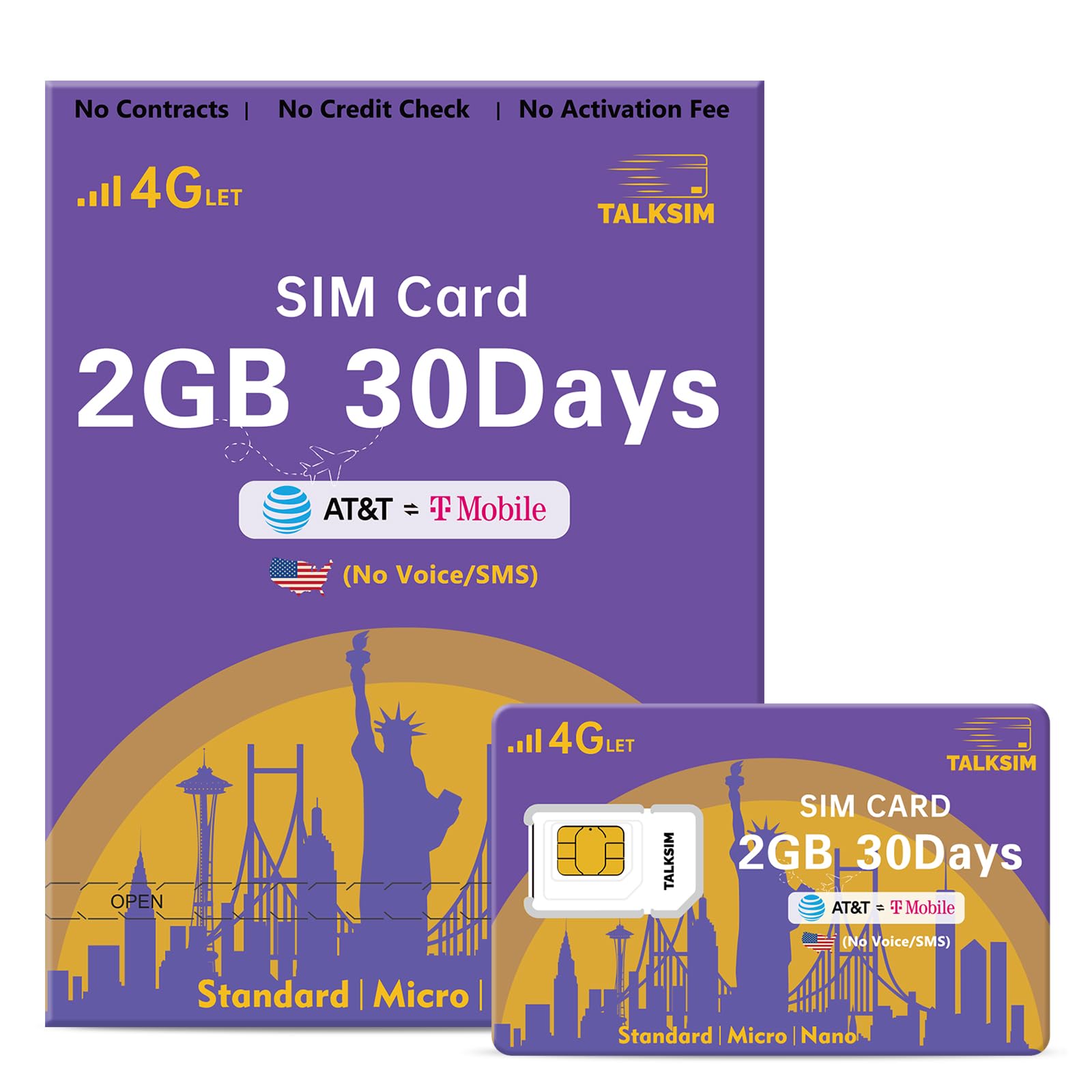 TALKSIM Data SIM Card 2GB 30 Days, USA SIM Card 4G LTE Support AT&T, T-Mobile Dual Network Compatible with Unlocked Security Camera/Router/Mobile WiFi Hotspot/GPS Tracker/Tablet IoT Devices