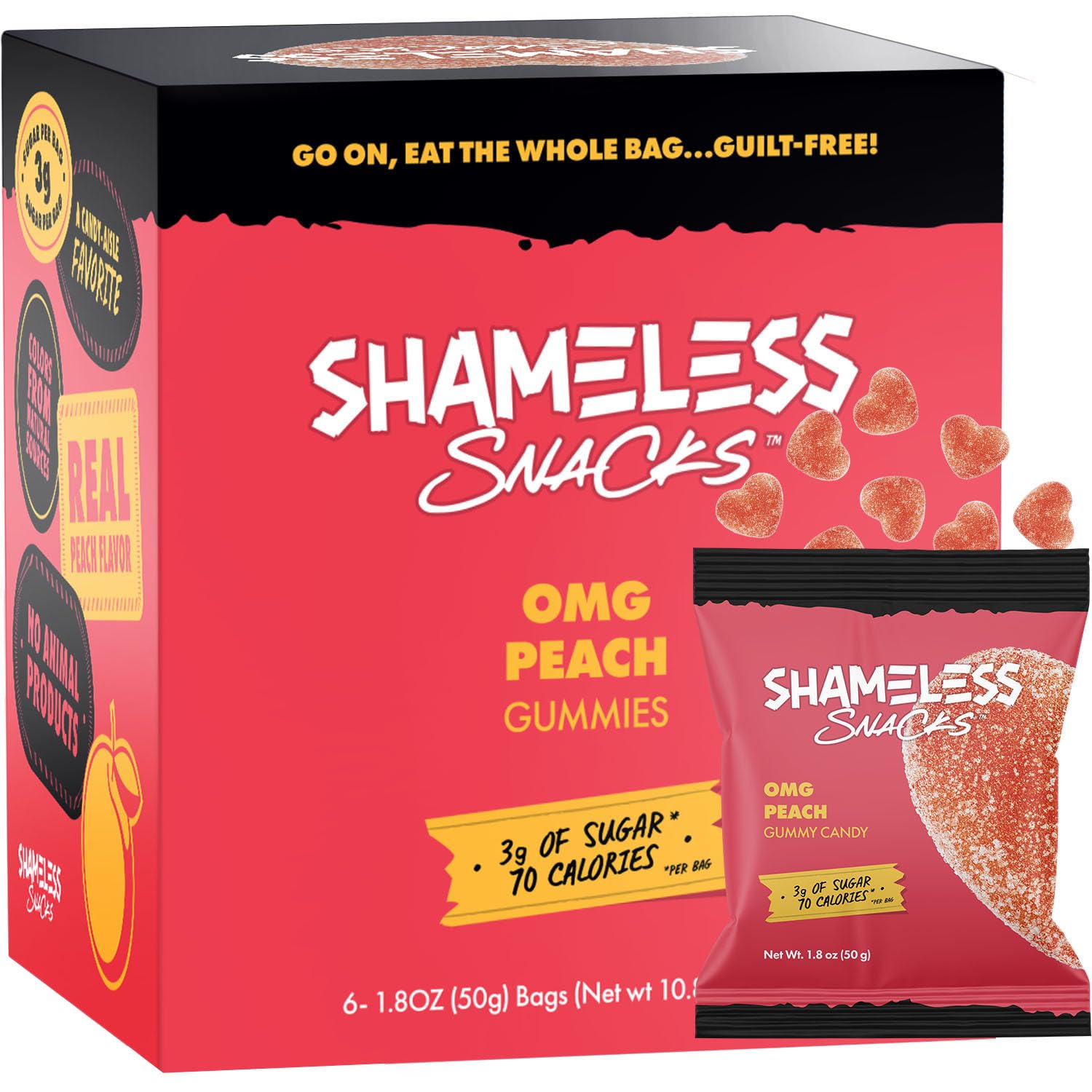 Shameless Snacks - Healthy Low Calorie Snacks, Low Carb Keto Gummies (Gluten Free) - 6 Pack OMG Peach