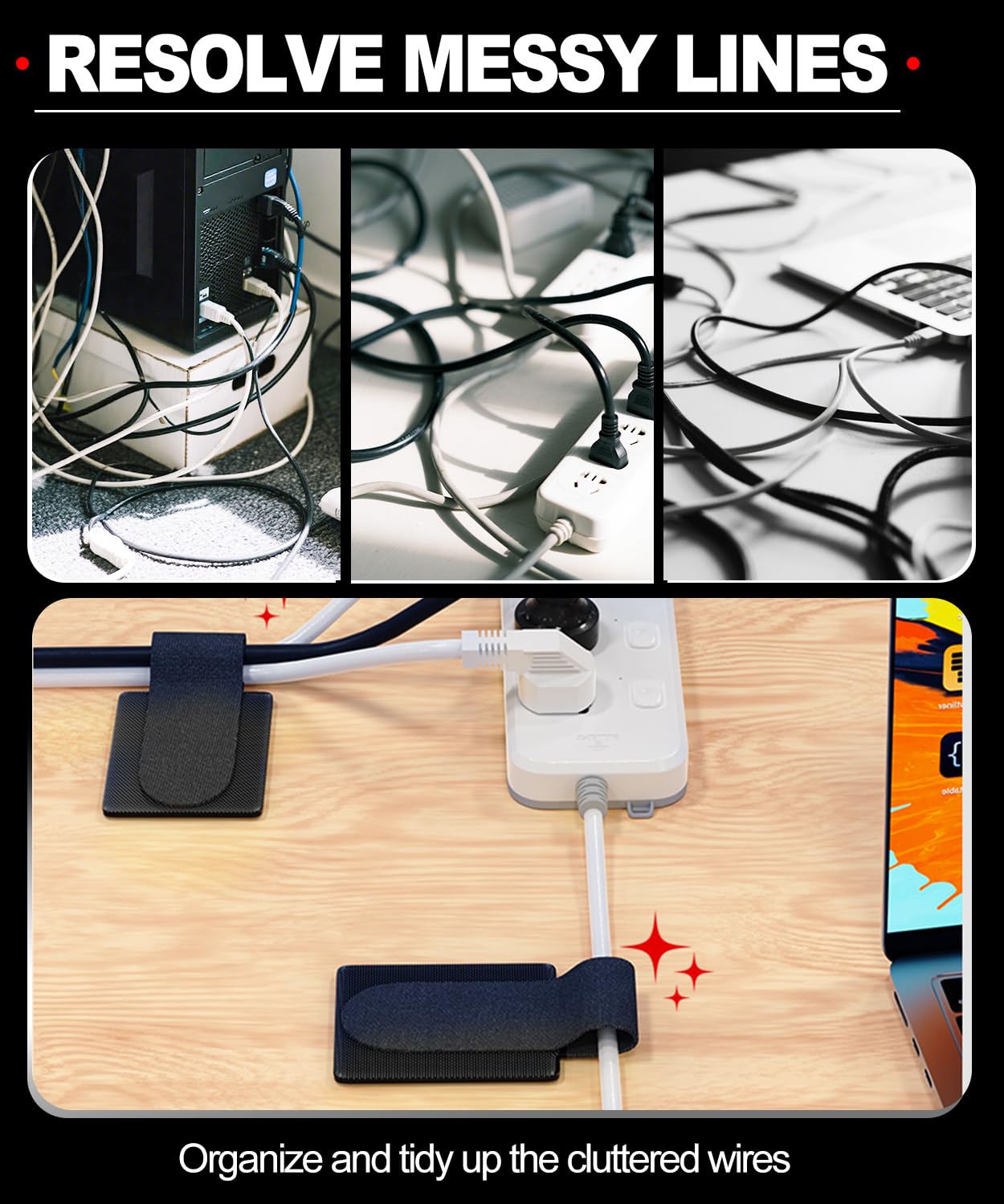 PHIXBEAR 50 Pcs Self Adhesive Cable Tie Reusable Made of 3M, Multi-Purpose Heavy Duty Hook Loop Cable Management Wire Ties for Home,Office,Kitchen,School (5.9" & 3.54", Black & White)