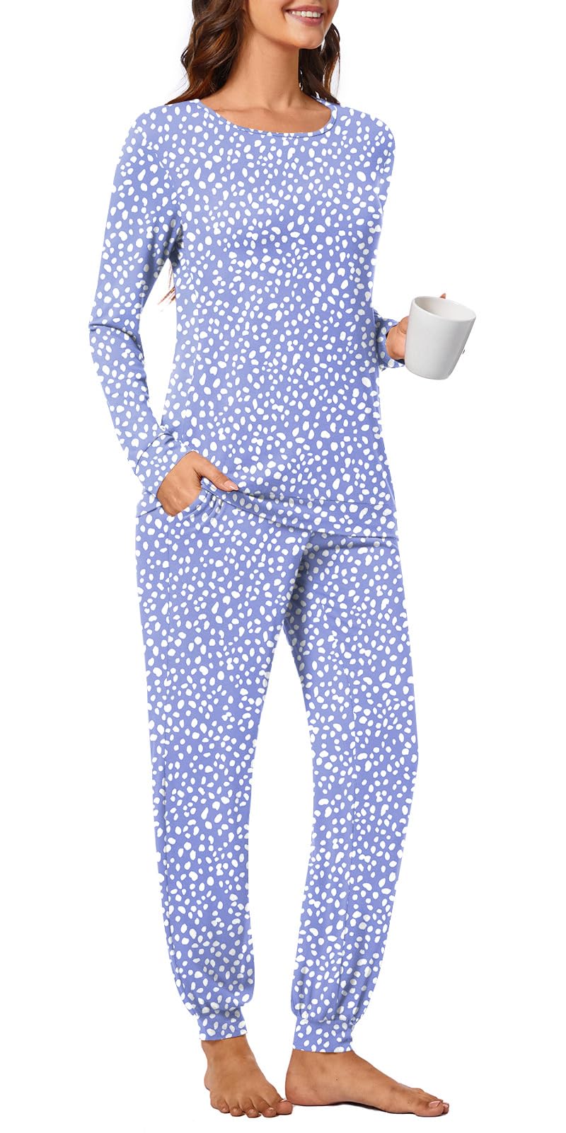 syoss Womens Pajama Set Long Sleeve Sleepwear Fall Round Neck Nightwear Soft Pjs 2 Piece Lounge Sets with Pockets L, Spotted Blue