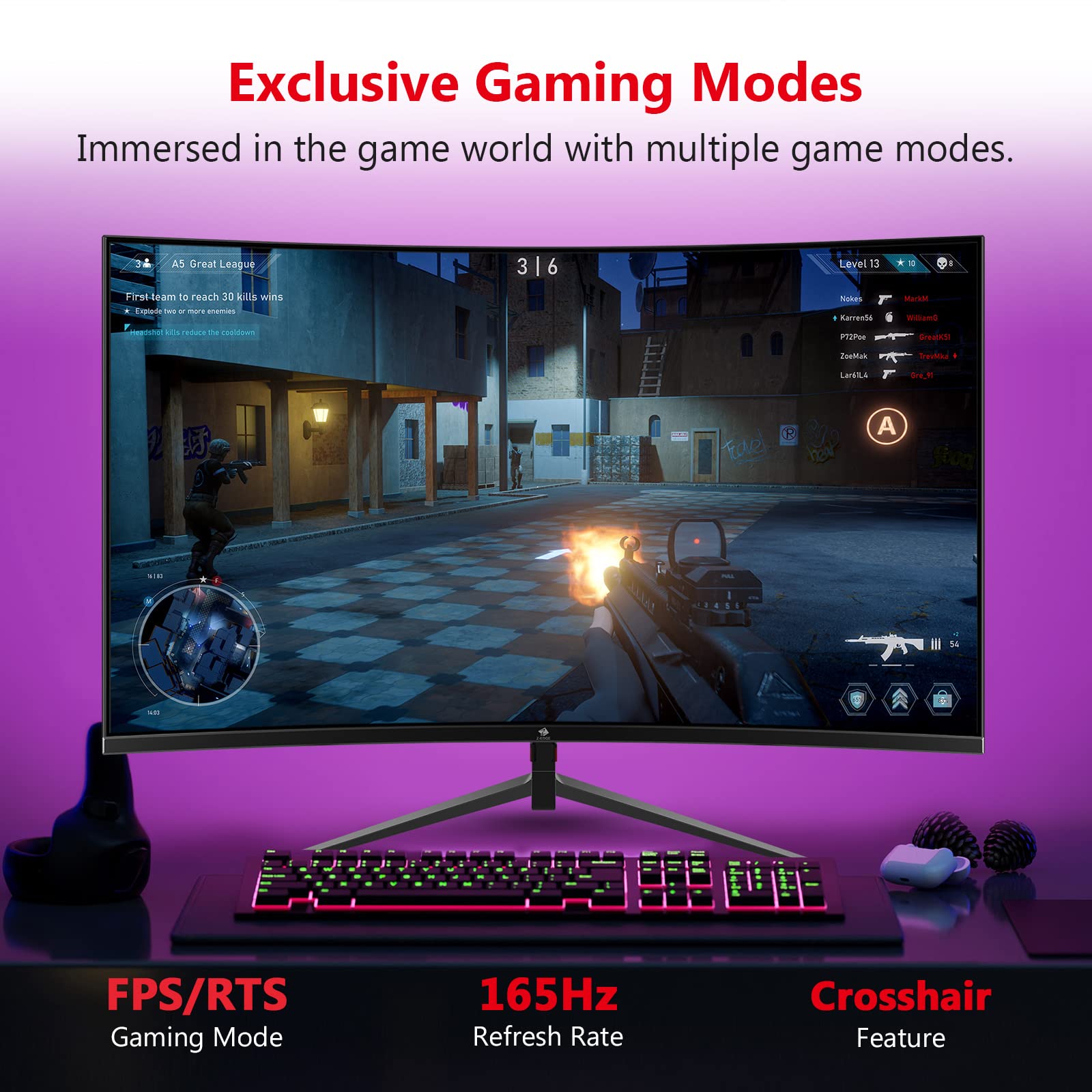 Z-Edge 27-inch Curved Gaming Monitor 16:9 2560x1440 165/144Hz 1ms Frameless LED Gaming Monitor, UG27Q AMD Freesync Premium Display Port HDMI Built-in Speakers