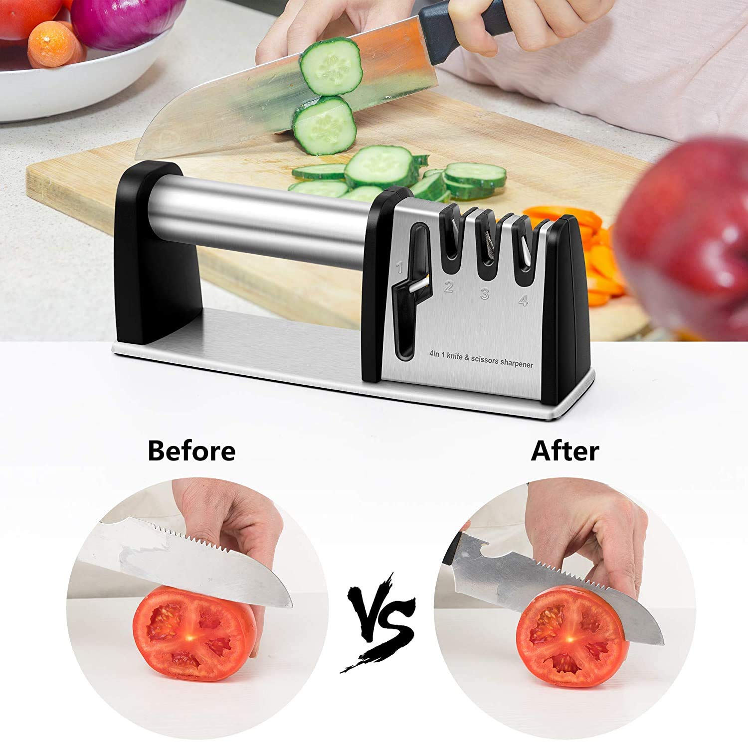 Knife Sharpeners, 4 in 1 Kitchen Blade and Scissors Sharpening Tool, Professional Chef's Kitchen Knife Accessories, Manual Knife Sharpener for Kitchen Knife