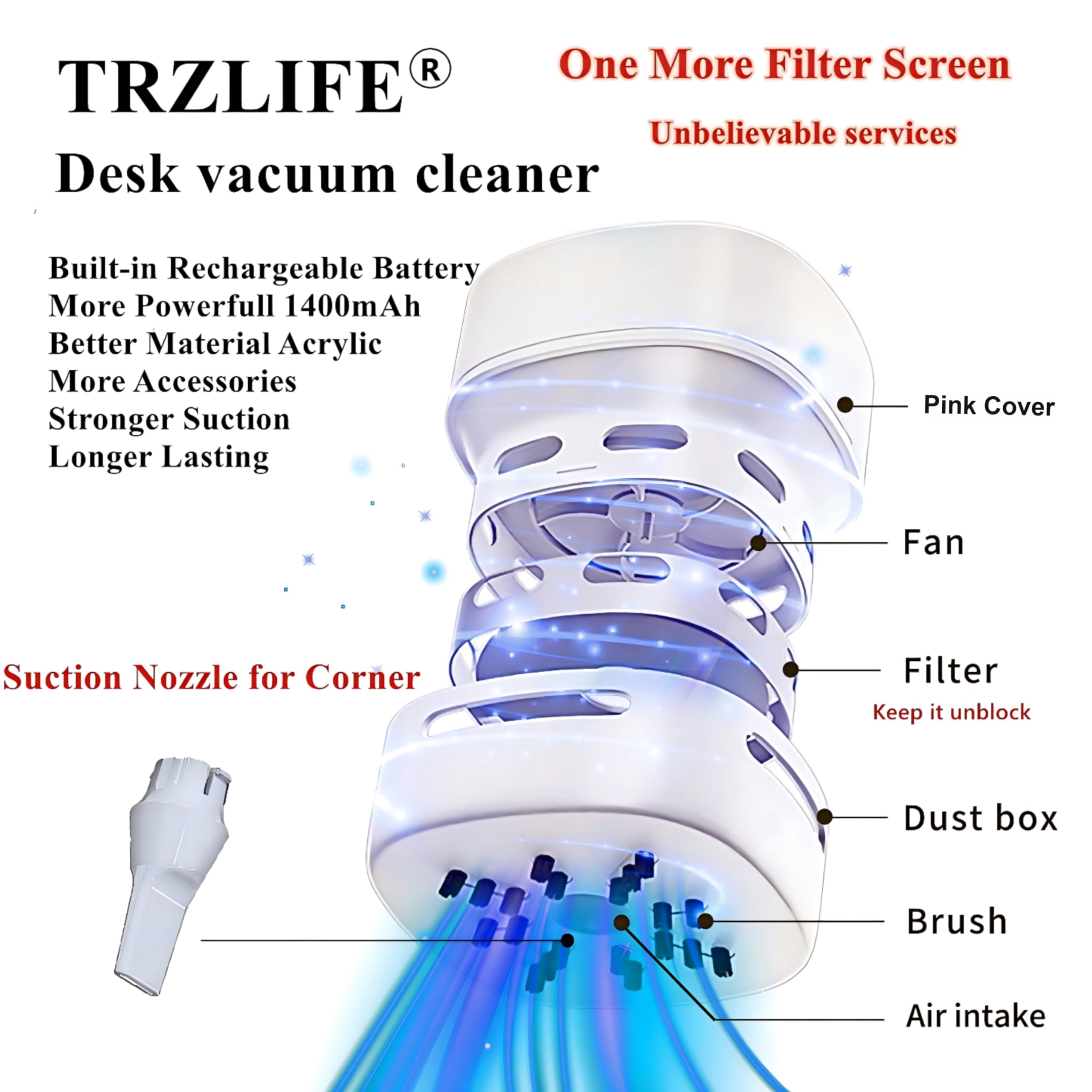 TRZLIFE Desk Vacuum, Rechargeable and Durable Mini Table Vacuum Cleaner Must-Have Office Desk Accessory Sucks up Tiny Items and Crumbs from Desktop Drawer Countertop Ideal as a Holiday Gift Pink