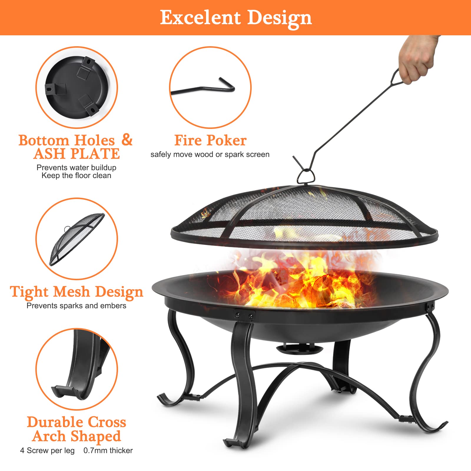 Fire Pit for Outside 30 inch Firepit Outdoor Wood Burning Bonfire Pit Steel Portable Firepits Bowl for Patio Backyard Camping,with Ash Plate,Spark Screen,Log Grate,Poker, Bronze