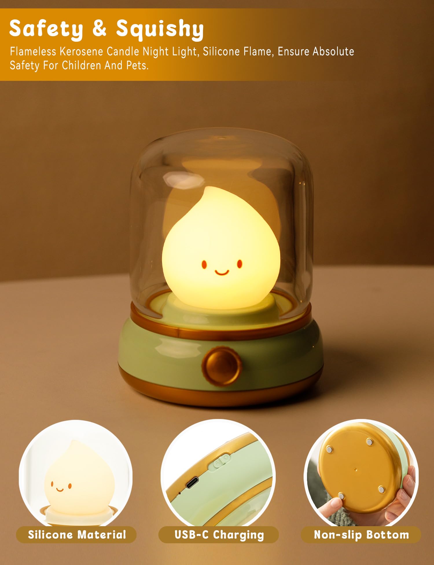 WANIDEA Cute Chibi Flame Lamp,Cozy Lights Mimics Flickering Flame Effect Amber Light,2 Modes Rechargeable Dimming Great ambience Light for Camping, Curing, Decoration,Smoko Light