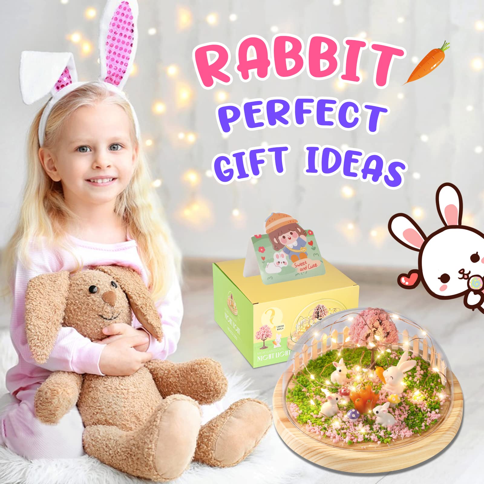 Make Your Own Night Light ,Rabbit DIY Kits,Bunny Toys for Kids Ages 4-8 ,Arts and Crafts Lamp Project for Girls(USB Upgrade Edition),Gifts for 4 5 6 7 8 9 10 Year Old Girl with Greeting Card