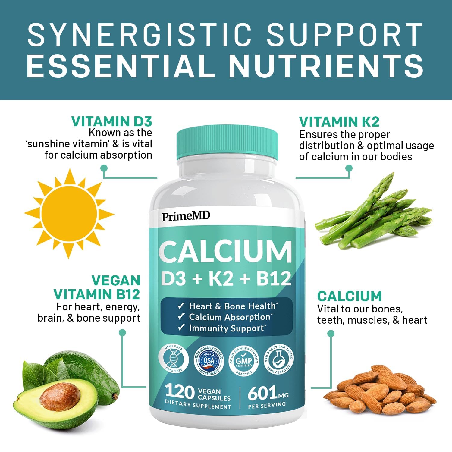 PrimeMD 4-in-1 Calcium Supplements for Women & Men or Heart, Bone & Body Defenses (120 ct) & 28-in-1 Quercetin with Bromelain Supplement - Quercetin 500mg Capsules for Immune Defense Support (120 ct)