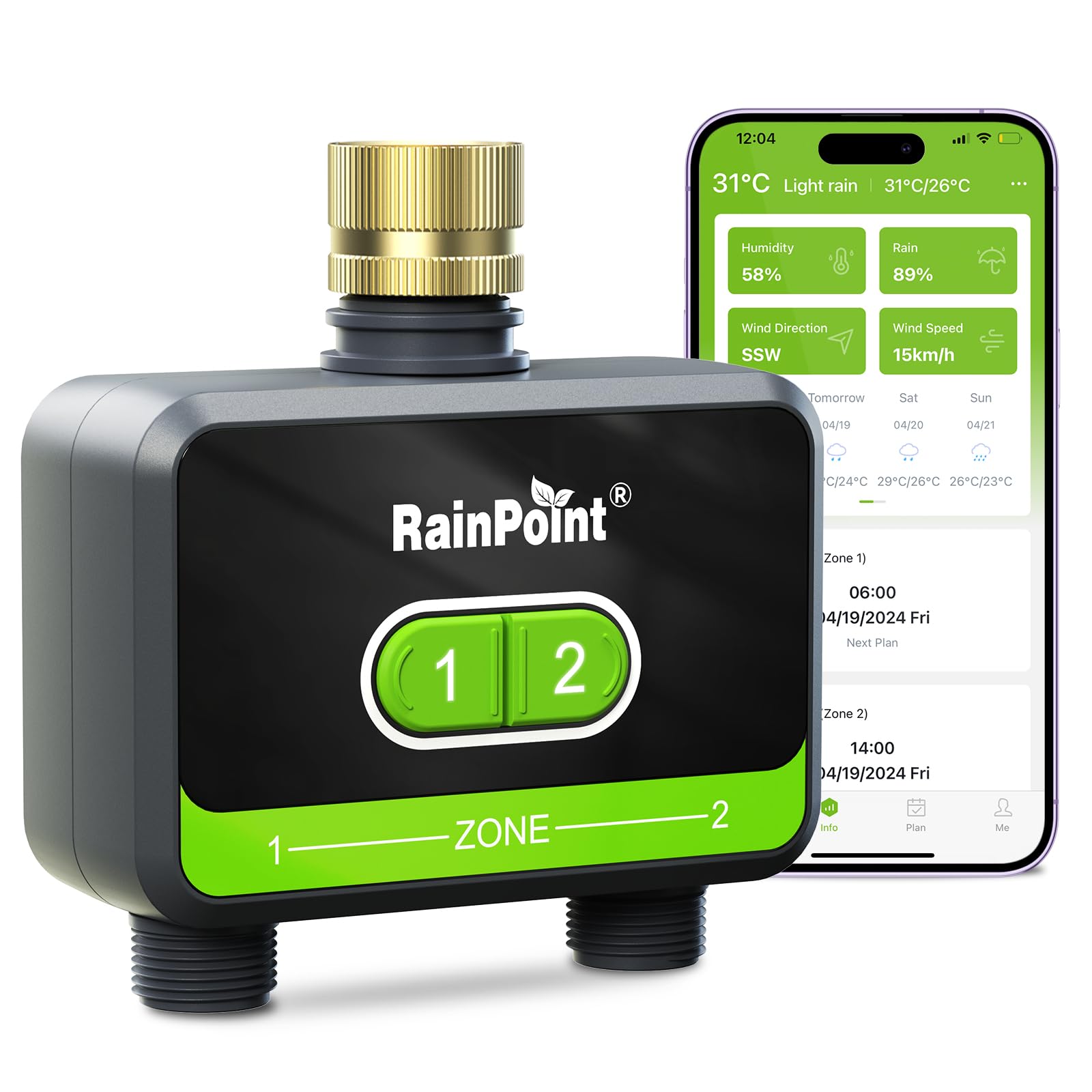 RAINPOINT Smart Water Timer for Garden Hose-Timer Only, WIFI Sprinkler Timer 2 Outlet（2.4Ghz WIFI）, Smart Hose Timer with Rain Delay, Smart+ APP Control, Automatic Irrigation System for Lawns and Yard