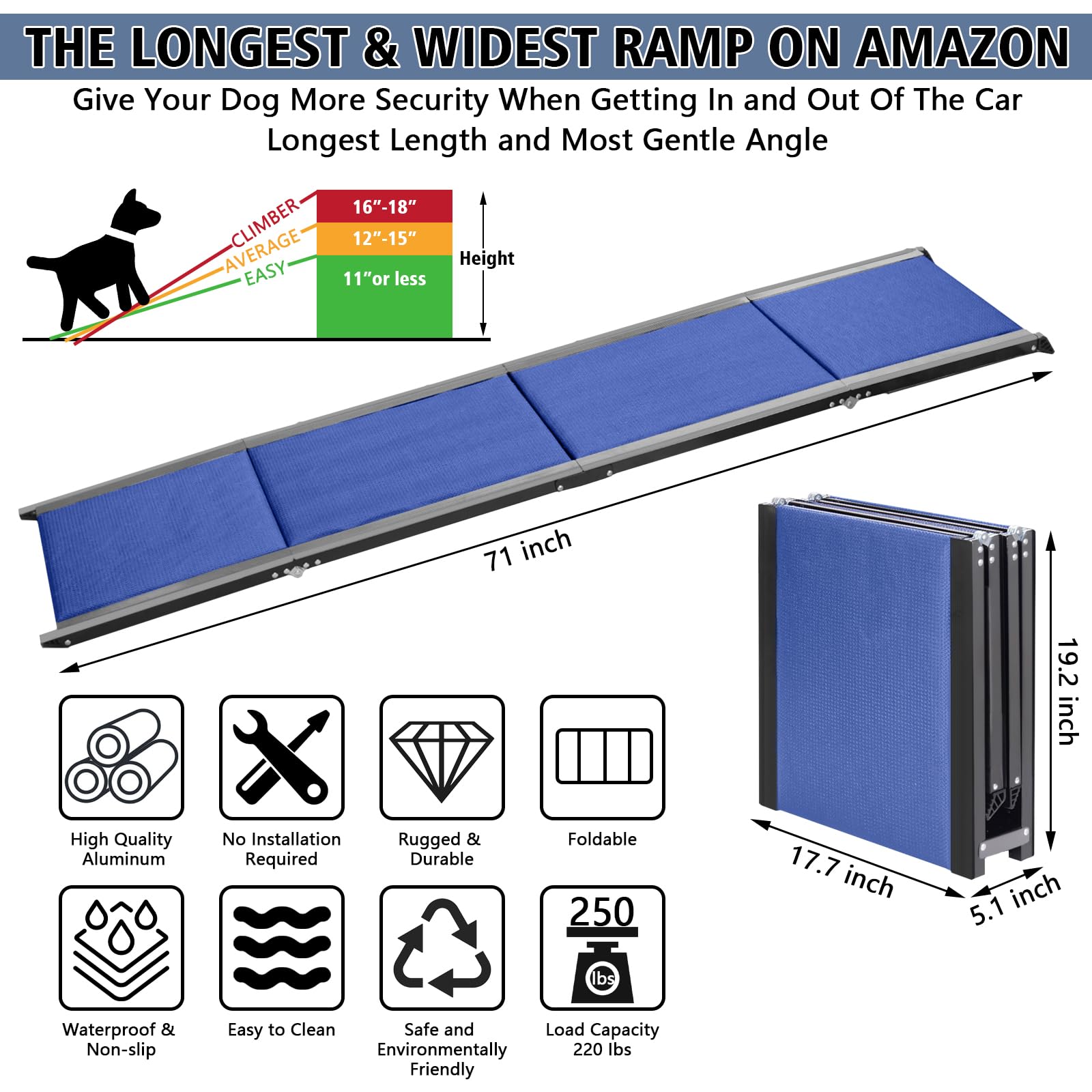 Dog Ramp for Car.71''Lx17.7''W Dog ramp for Bed,Sofa.Waterproof Non-Slip Dog ramps for Large Dogs,Old Dog,Medium Pets.Portable,Easy-Fold,Extra Long Aluminum Dog car ramp for Cars SUV,Truck(Blue)