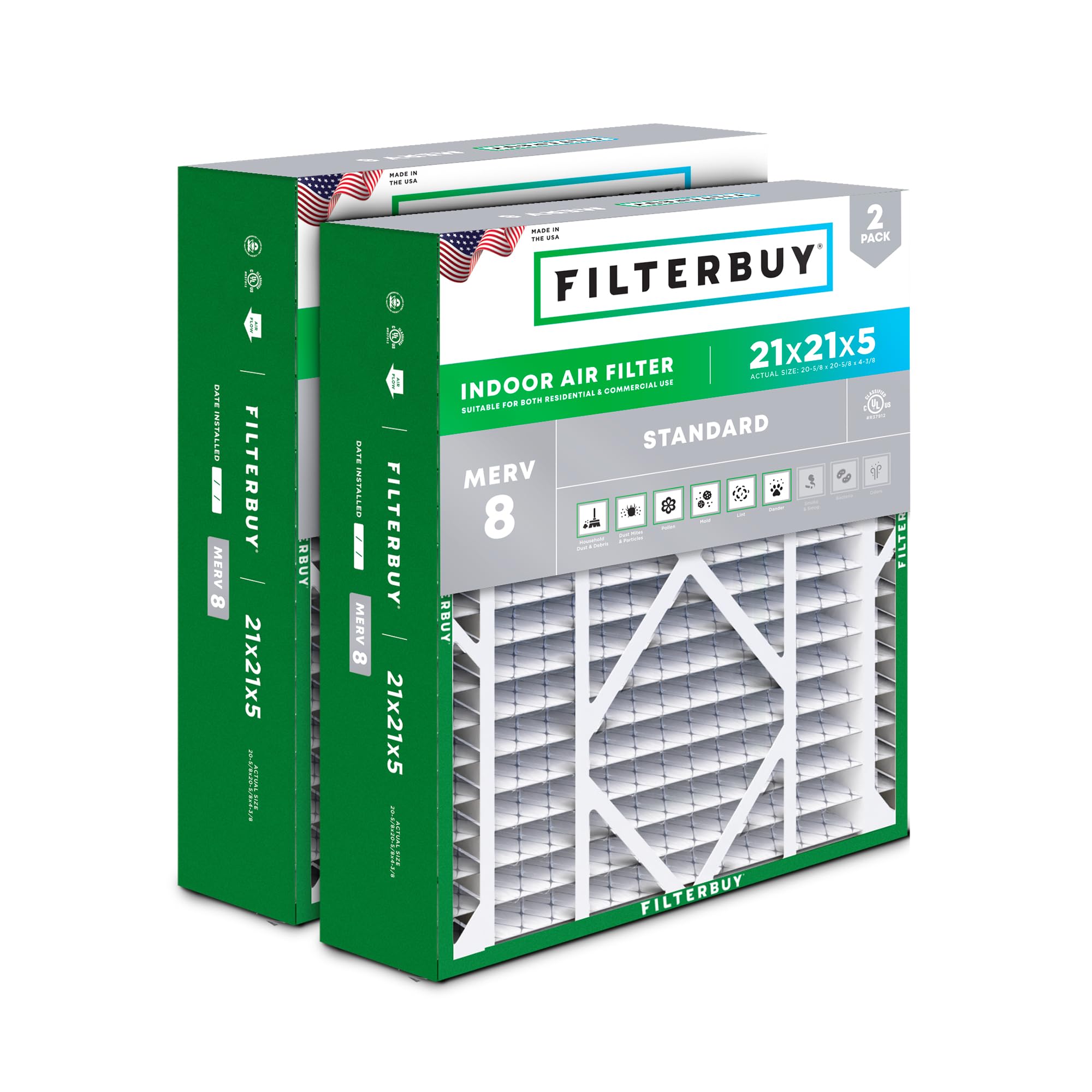 Filterbuy 21x21x5 Air Filter MERV 8 Dust Defense (2-Pack), Pleated HVAC AC Furnace Air Filters Replacement for Rheem, Ruud, and Protech (Actual Size: 20.63 x 20.63 x 4.38 Inches)