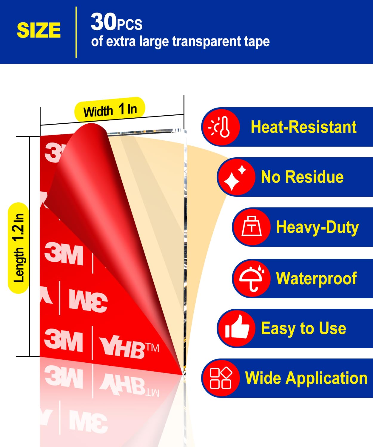 PHIXBEAR 30Pcs Double Sided Adhesive Pads,Heavy Duty Mounting Tape, Super-Sticky Clear Strong Pads Rectangle Shape Waterproof for Walls Picture, Car, Home, Office 1x1.2 Inch