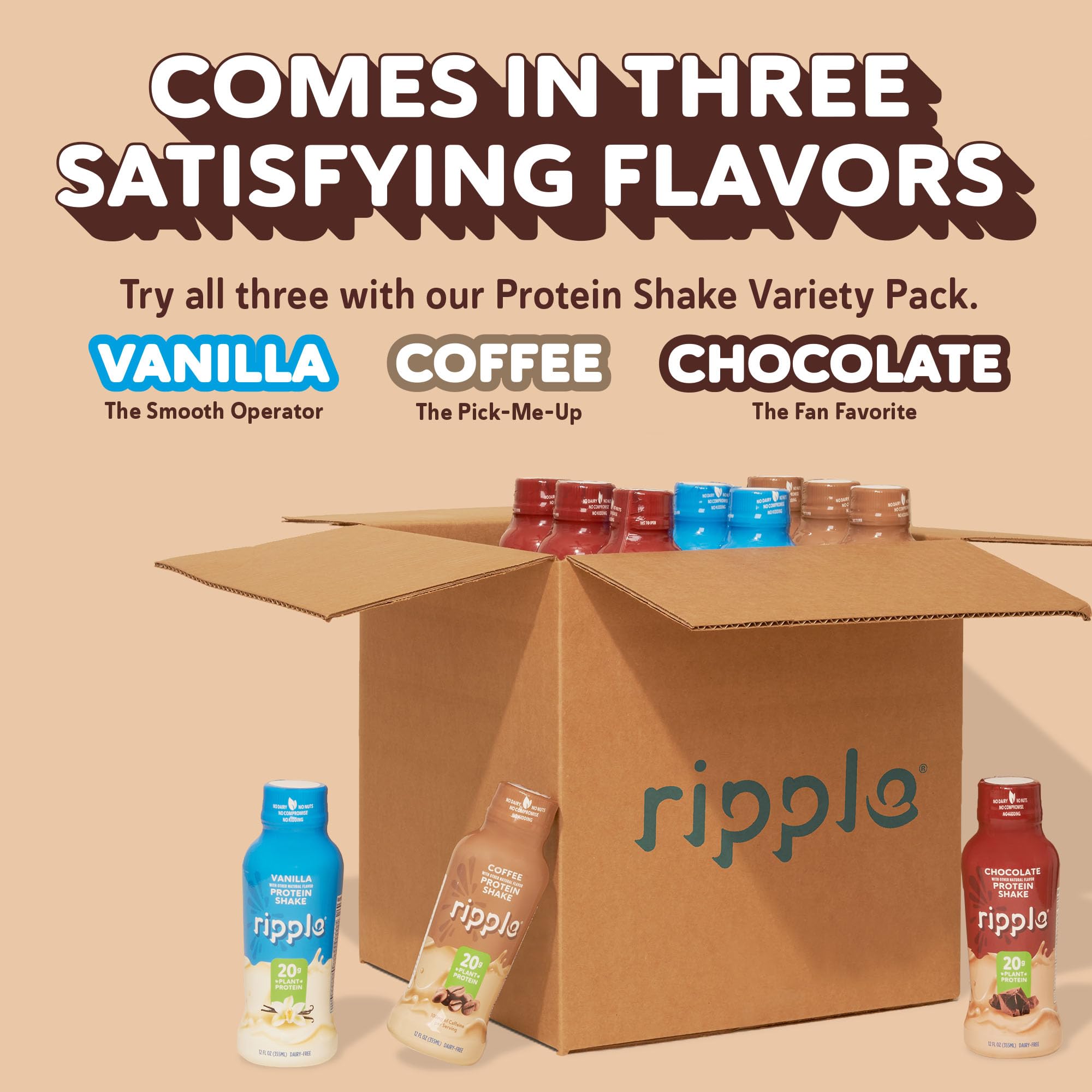 Ripple Vegan Protein Shake | Chocolate | 20g Nutritious Plant Based Pea Protein | Shelf Stable | No GMOs, Soy, Nut, Gluten, Lactose | 12 Oz, 12 Pack