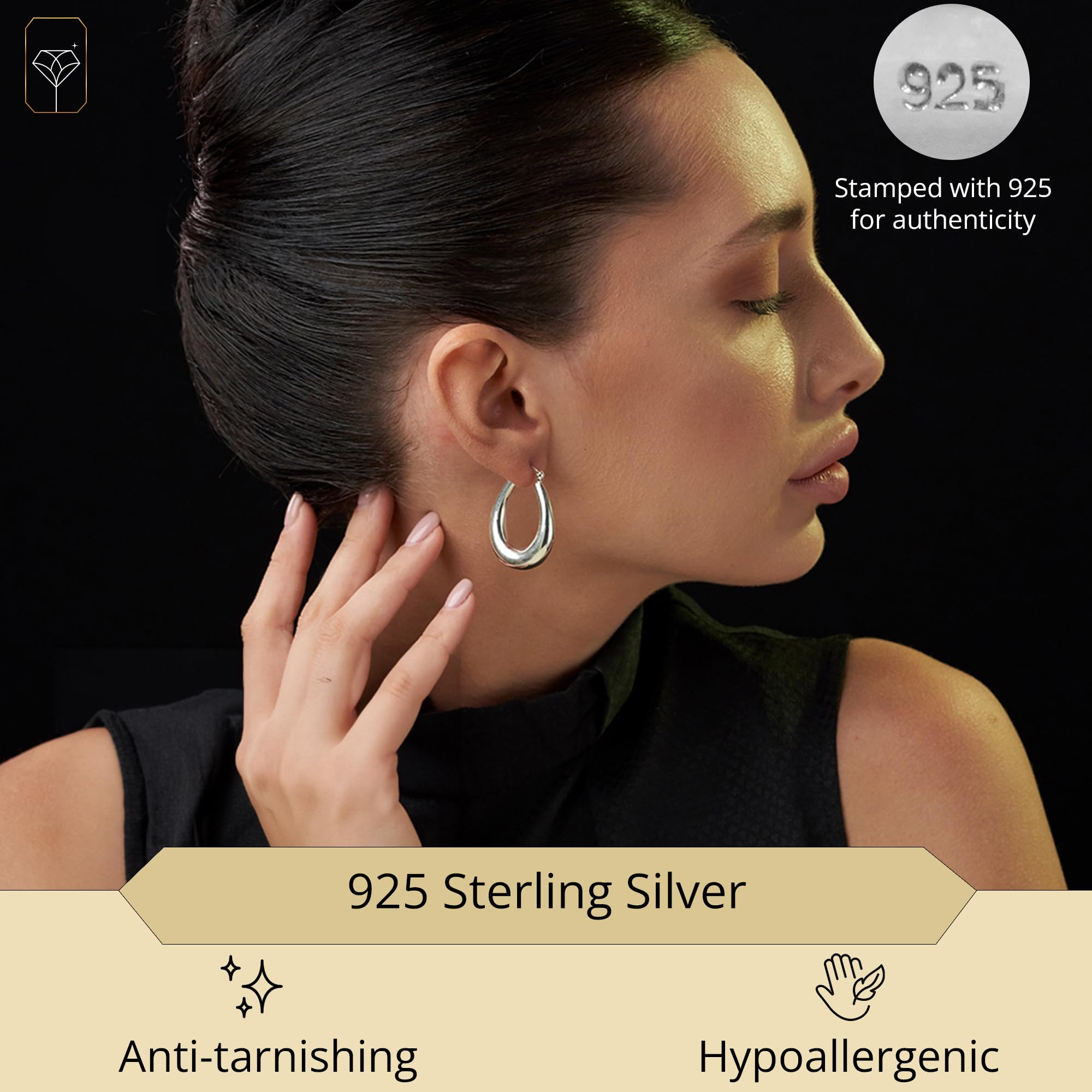 MAX + STONE Sterling Silver Hoop Earrings for Women | Lightweight Silver Chunky Hoop Earrings | Hypoallergenic 925 Sterling Silver Earrings for Women | Oval Thick Hoop Earrings for Women