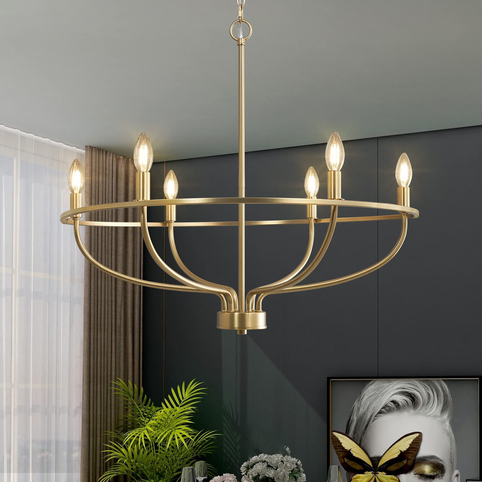 FookChak 6-Light Gold Chandelier Vintage Candle Chandelier Dining Room Chandelier Over Table for Bedroom, Living Room,Kitchen,28.54in,E12