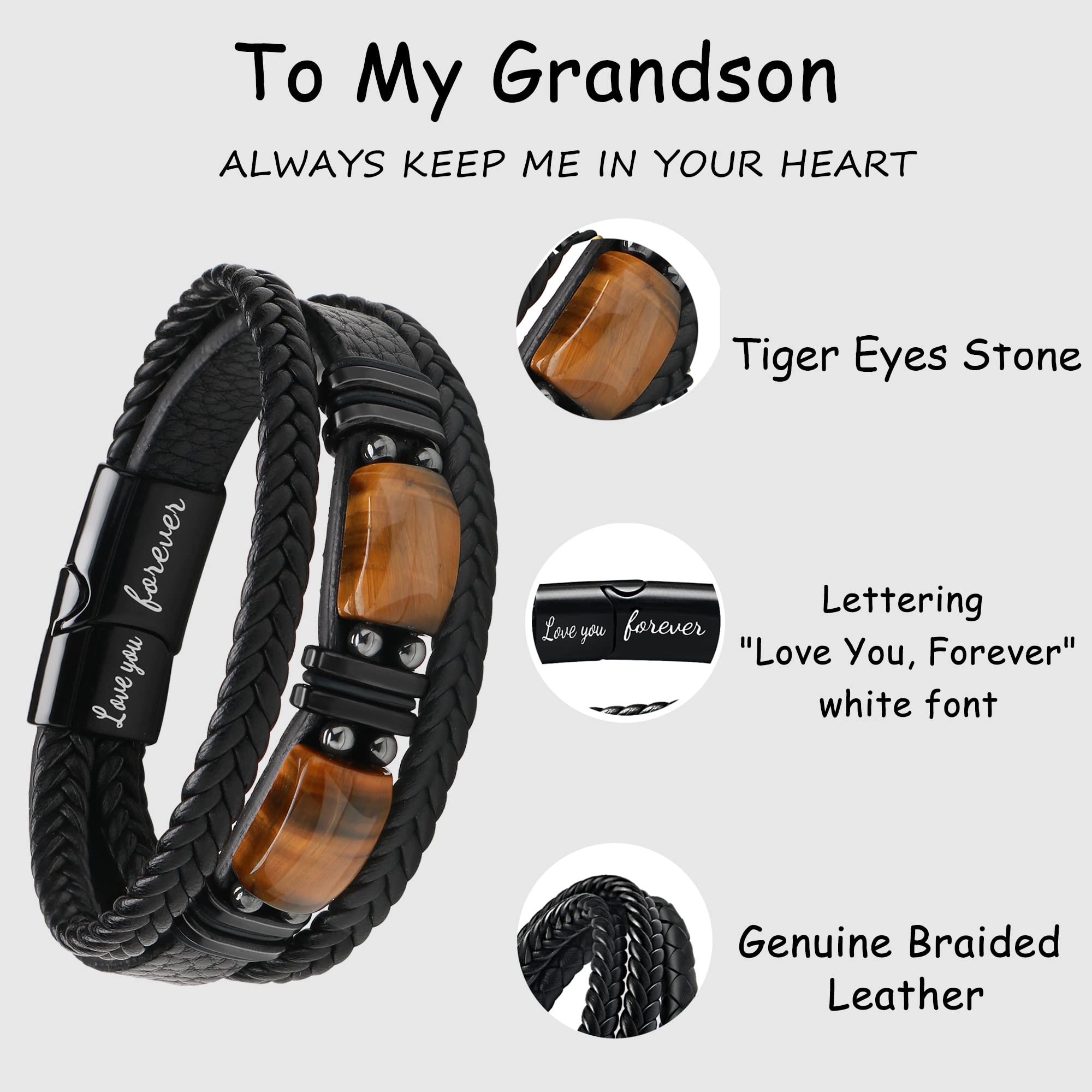 JoycuFF Grandson Birthday Gifts Leather Bracelets for Grandson Gift for Grandson from Grandpa Grandma To My Grandson Love You Forever Bracelet Anniversary Christmas Ideas Gift
