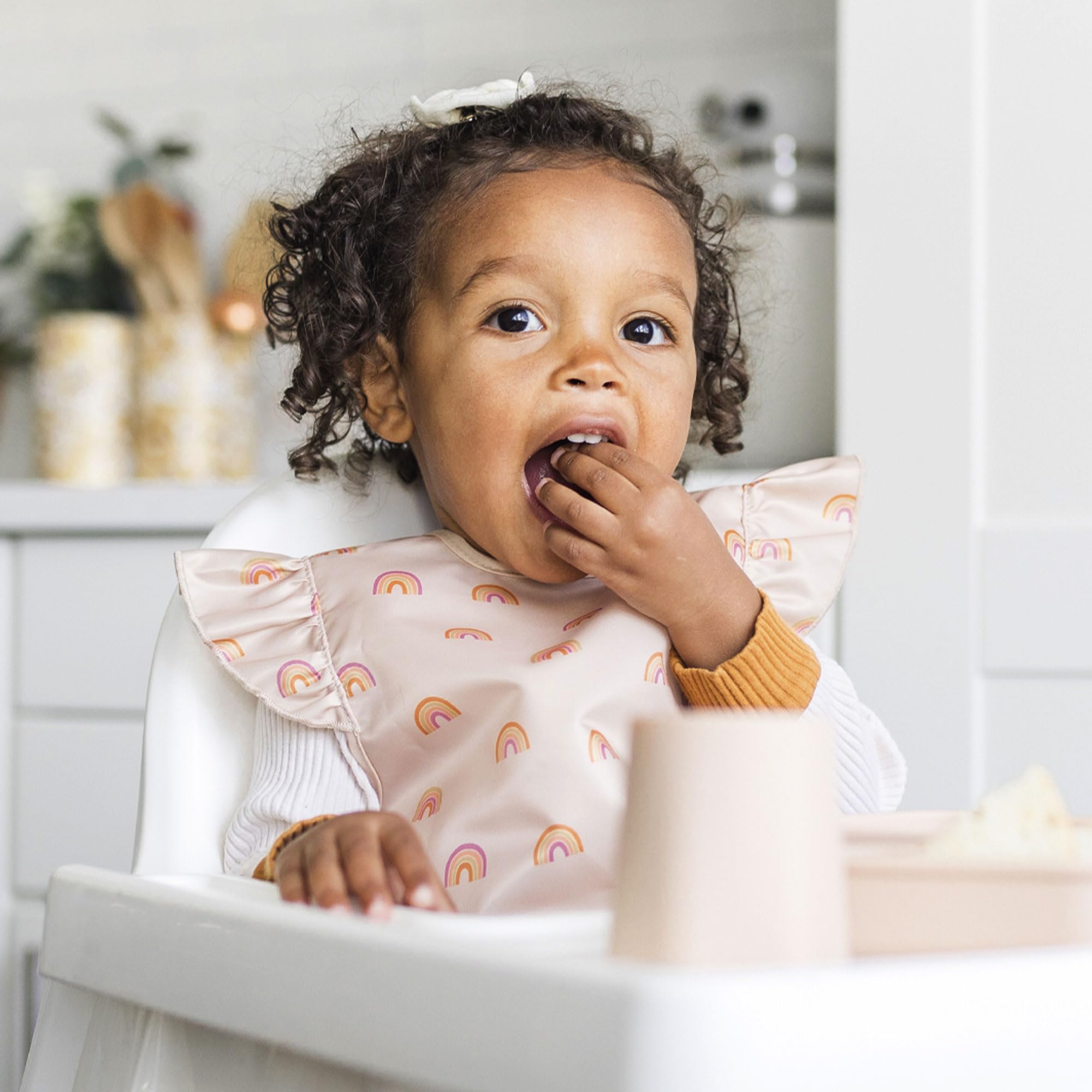 Tiny Twinkle Mess Proof Baby Bib - Waterproof Baby Apron - Machine Washable - PVC, BPA, & Phthalate Free - Great Travel Bib for Baby Eating - Baby Food Bibs (Boho Rainbow, Large 2-4 Years)