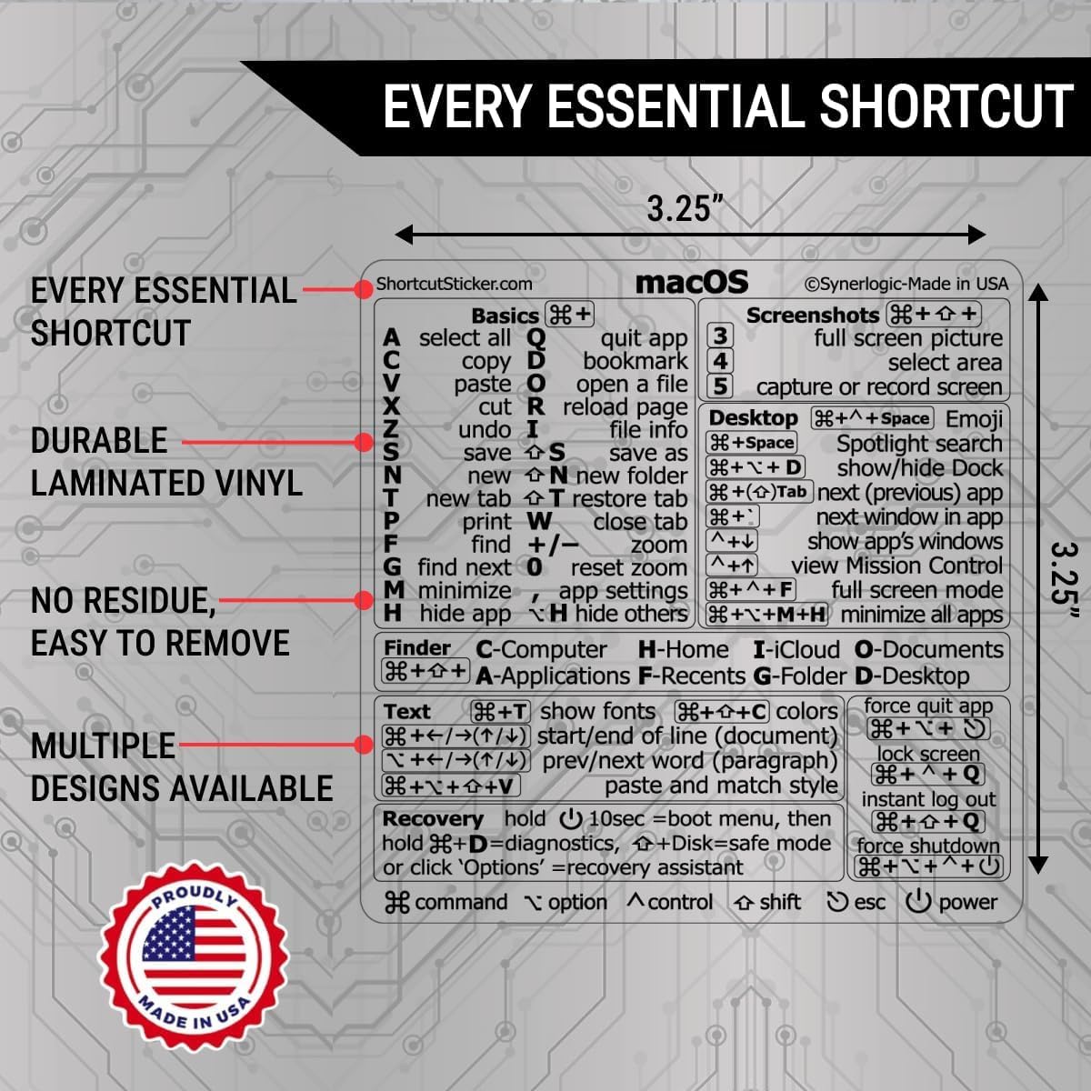 Synerlogic Mac OS Shortcuts Sticker | Keyboard Stickers for macOS | Laminated Vinyl MacBook Cheatsheet for Laptop | MacBook Shortcuts 2026 (Clear/Black)