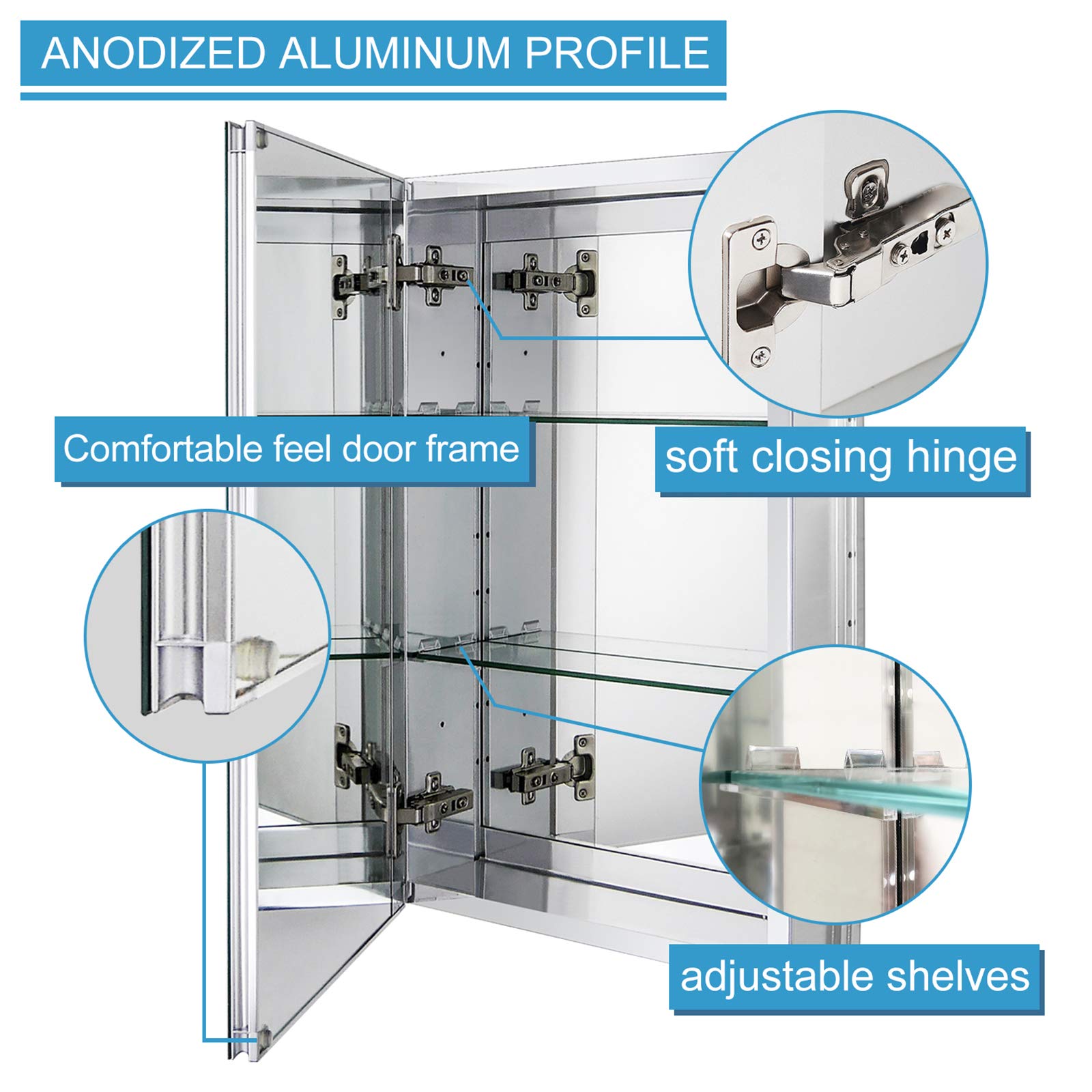 Fundin Aluminum Bathroom Mirror Cabinet Recess Mount Only, with Framless Double Sided Mirror Door, 15 Inch x 24 Inch